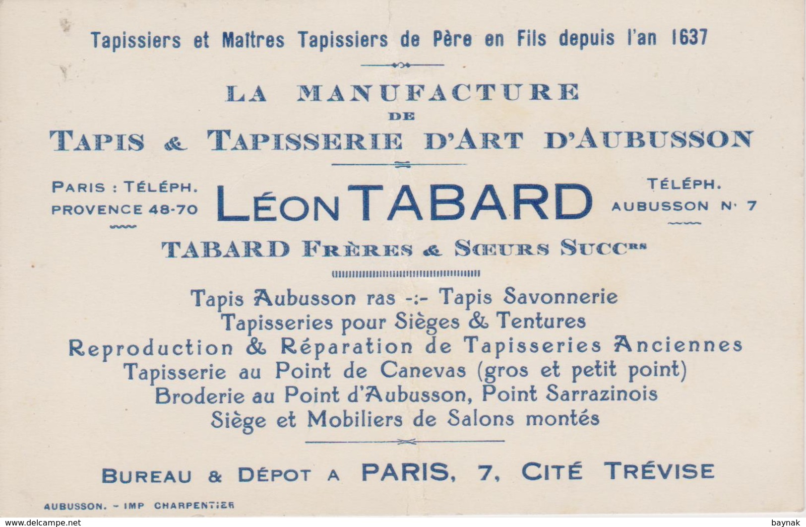 PARIS  ~~  LA MANUFACTURE TAPIS & TAPISSERIE  ~~  LEON TABARD - Advertising