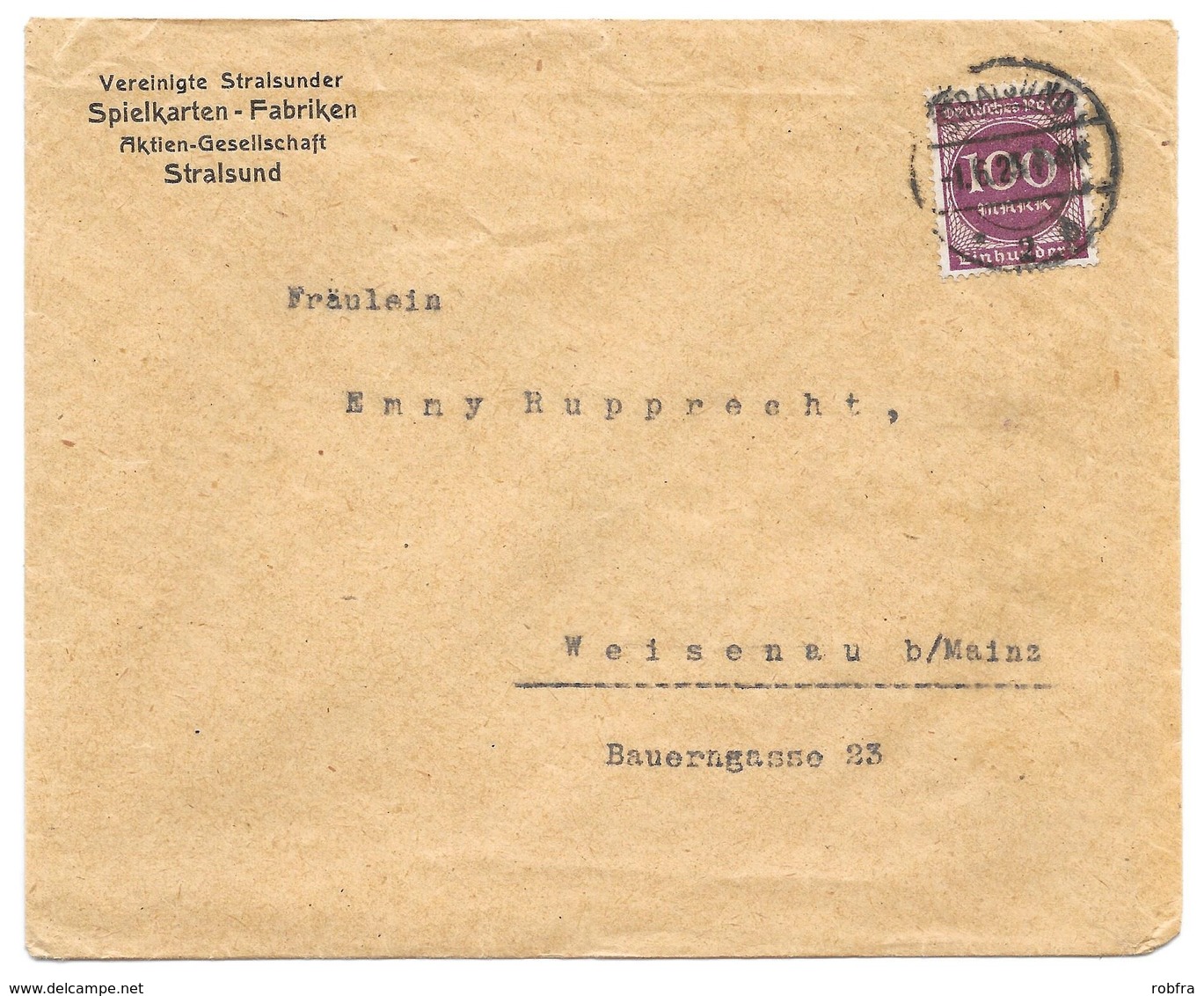 Stralsund - Deutsches Reich - Lettre -  "Vereinte Stralsunder Spielkarten-Fabriken" Vers Weisenau, Mi. 268; 1923 - Lettres & Documents