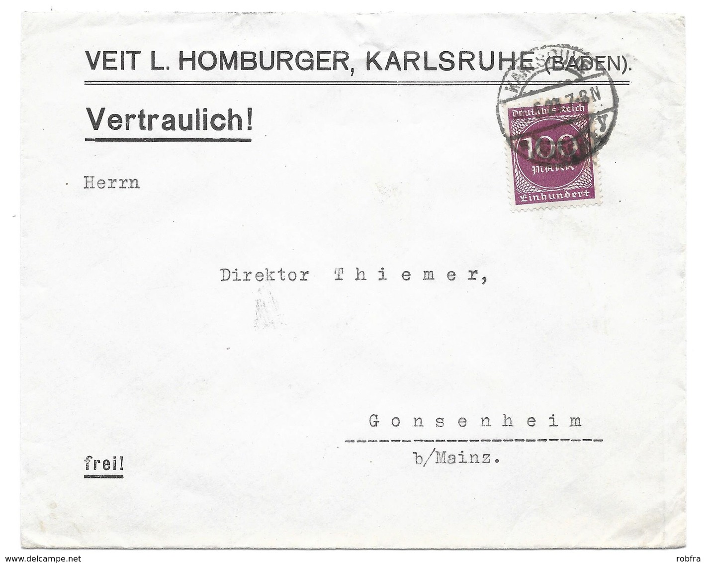 Karlsruhe - Deutsches Reich - Lettre -  "Veit L. Homberger, Karlsruhe ... Vertraulich!" Vers Gonsenheim, Mi. 268; 1923 - Lettres & Documents