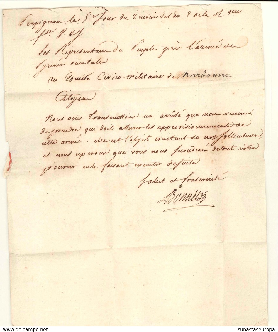 1793. Carta Con La Marca "Rep. Du Peuple Pres L'Armée P. Or.". Preciosa. - War Stamps