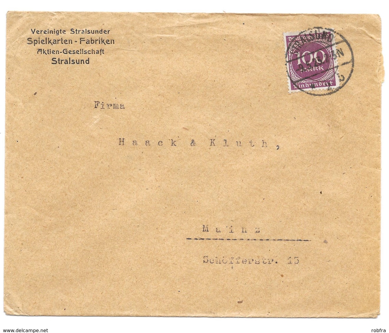 Stralsund - Deutsches Reich - Lettre -  "Vereinte Stralsunder Spielkarten-Fabriken" Vers Mainz, Mi. 268; 1923 - Lettres & Documents