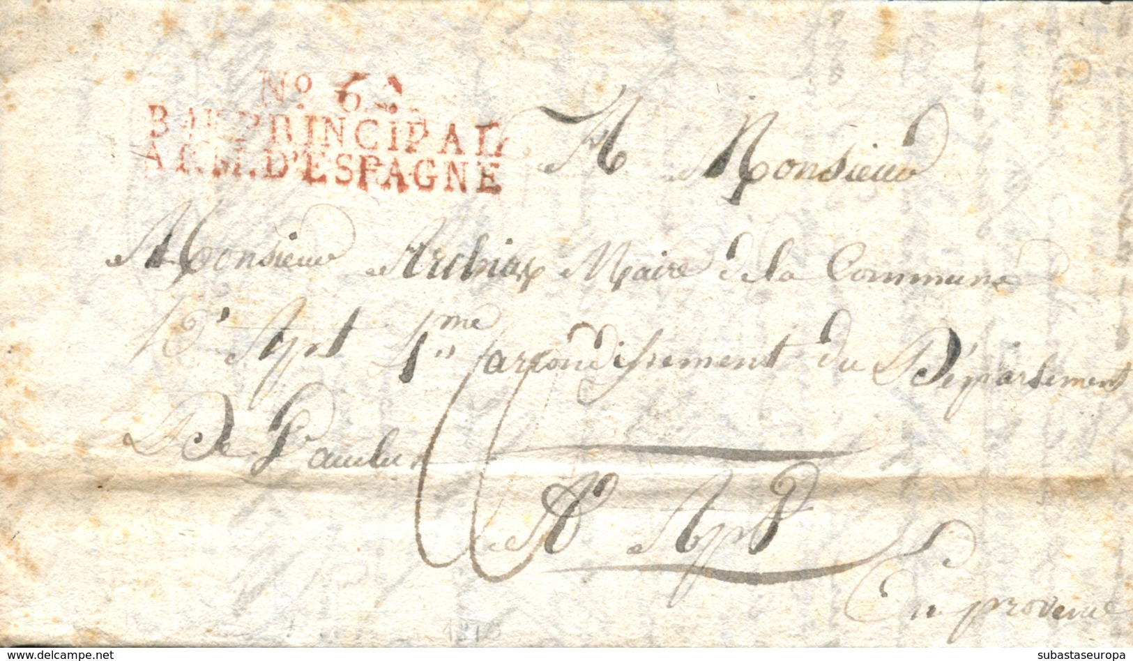 1810. Carta De Alba De Tormes A Ajat (Francia). Marca Nº 6 / BAU. PRINCIPAL / ARM. D'ESPAGNE En Rojo. Tizón IX-91. Muy R - War Stamps