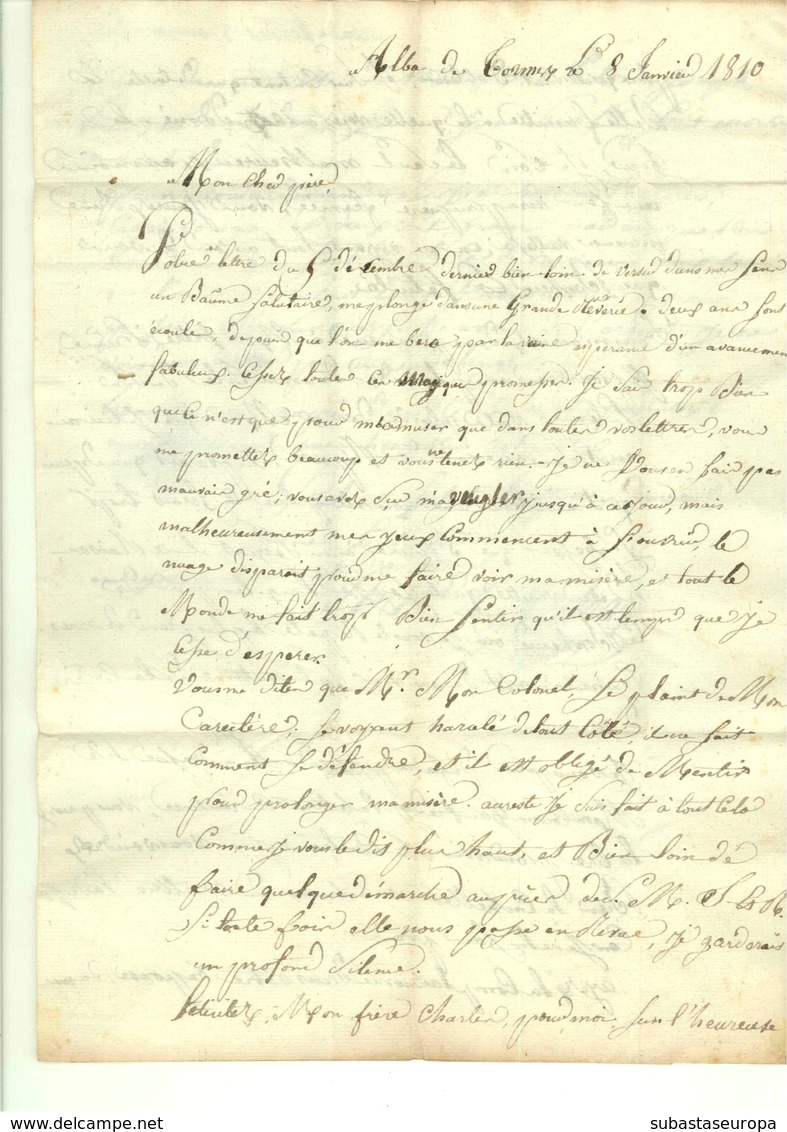 1810. Carta De Alba De Tormes A Ajat (Francia). Marca Nº 6 / BAU. PRINCIPAL / ARM. D'ESPAGNE En Rojo. Tizón IX-91. Muy R - Sellos De Guerra