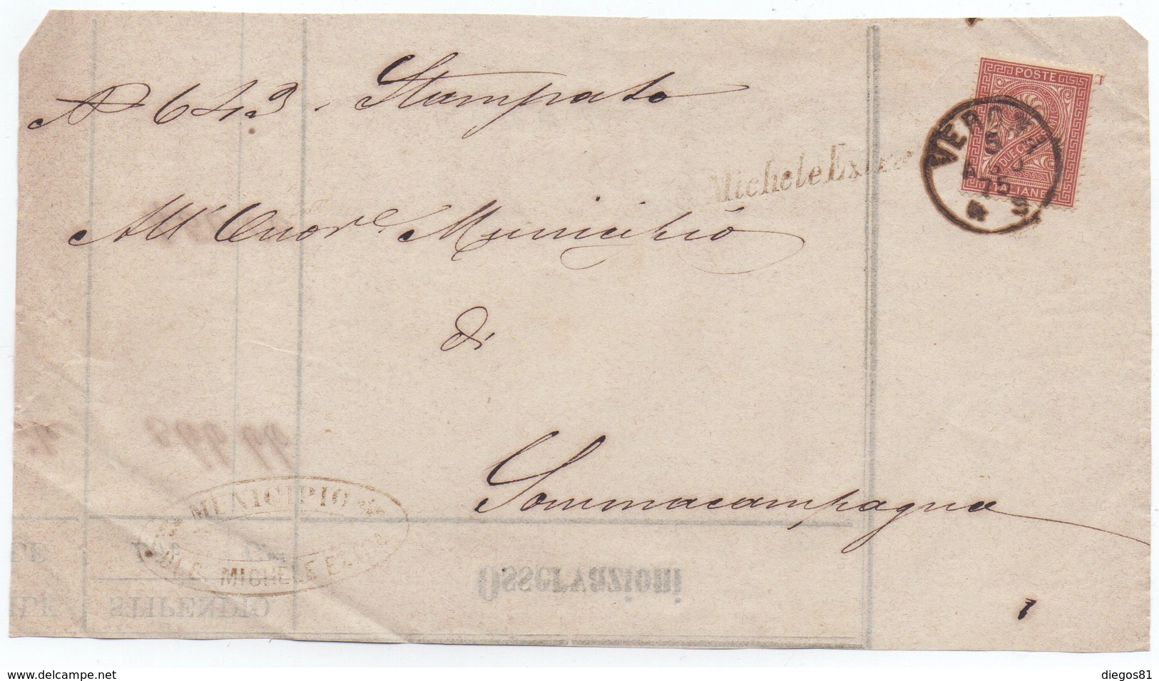 Frammento Di Stampe Fra Sindaci Da S. Michele Extra A Sommacampagna 5.8.1875 Con Collettoria Corsivo S. Michele Extra - Marcophilie