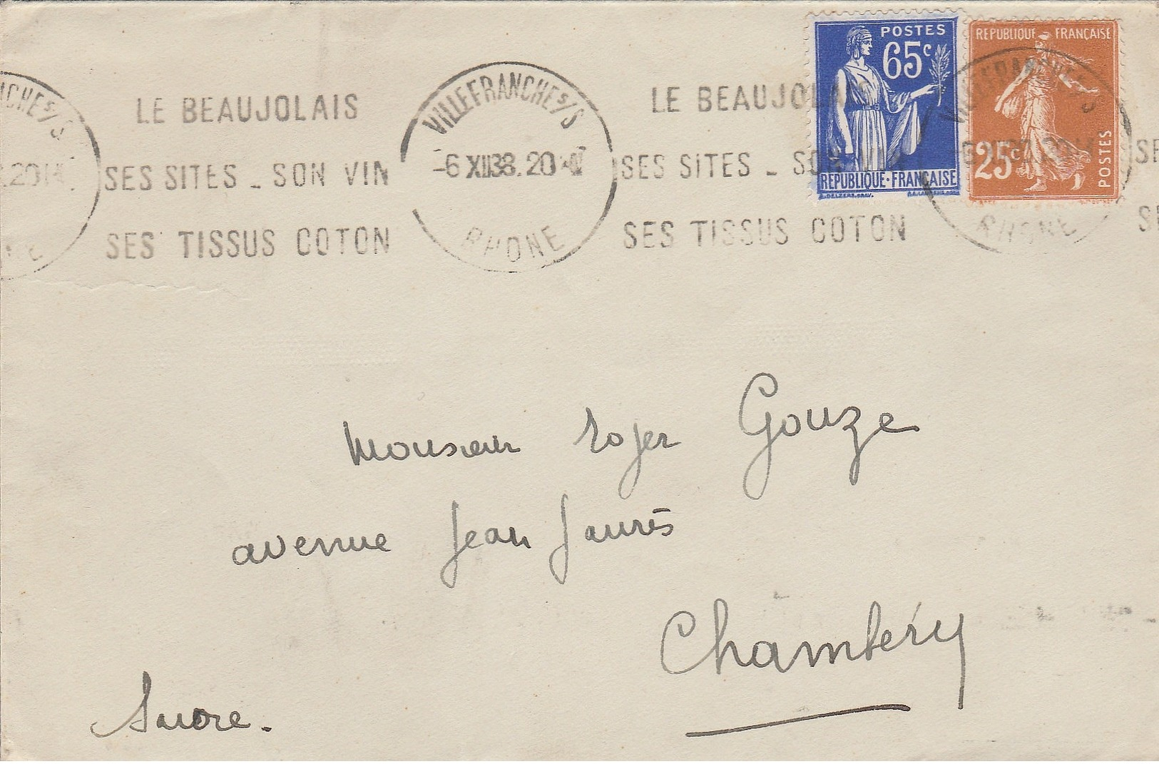 LSC 1938 - Cachet Villefranche Sur Saone &Flamme "le Beaujolais Ses Sites Son Vin Ses Tissus Coton"&au Dos "..loterie ." - Oblitérations Mécaniques (flammes)