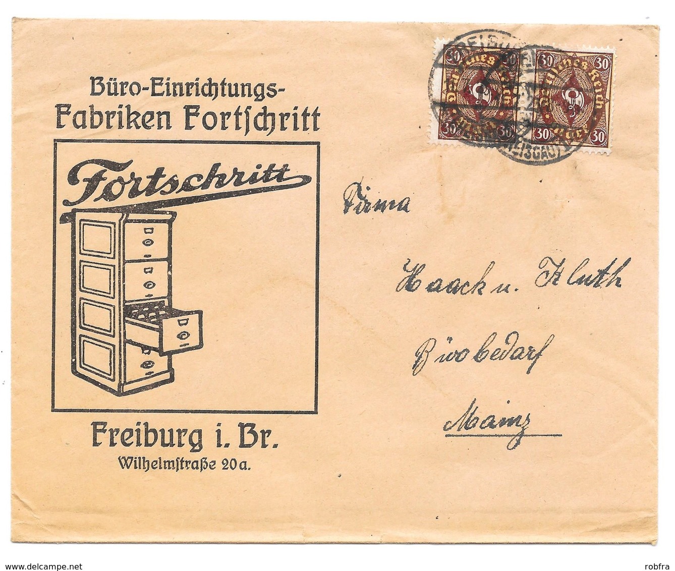 Freiburg - Deutsches Reich - Lettre -  "Büro-Einrichtungs-Fabriken Fortschritt - Freiburg ..." Vers Mainz, Mi. 208, 1923 - Lettres & Documents