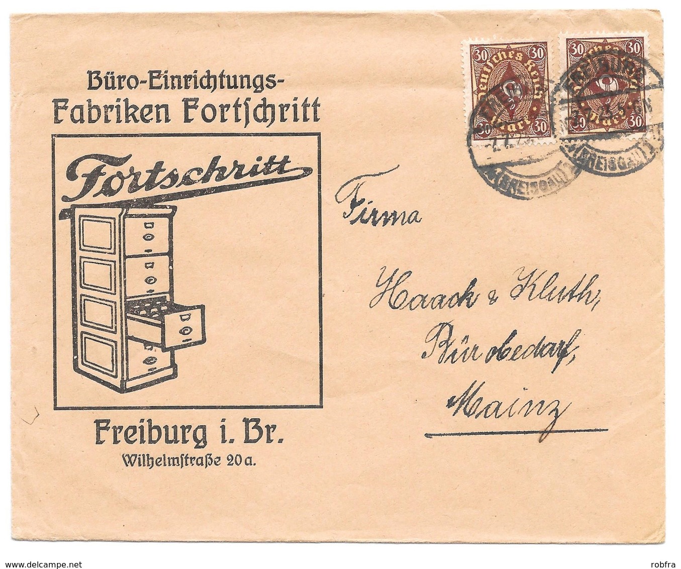 Freiburg - Deutsches Reich - Lettre -  "Büro-Einrichtungs-Fabriken Fortschritt - Freiburg ..." Vers Mainz, Mi. 208, 1923 - Lettres & Documents