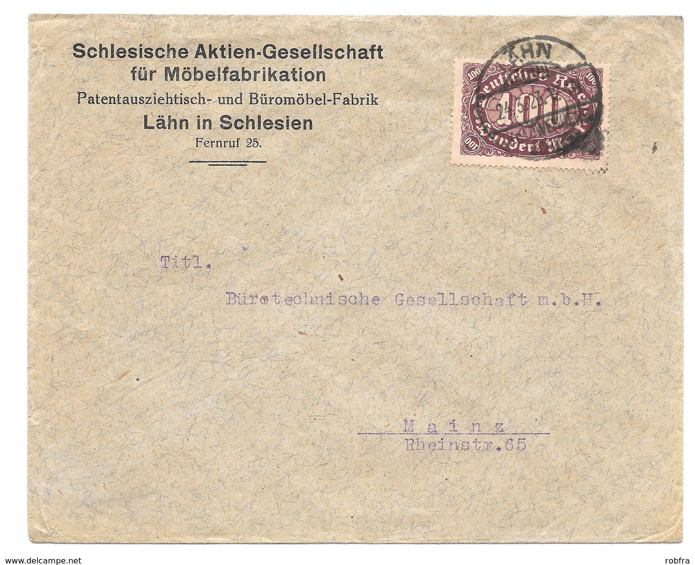 Lähn Schlesien - Deutsches Reich - Lettre -  "Schlesische Aktien-Gesellschaft ..." Vers Mainz, Mi. 208, 1923 - Lettres & Documents