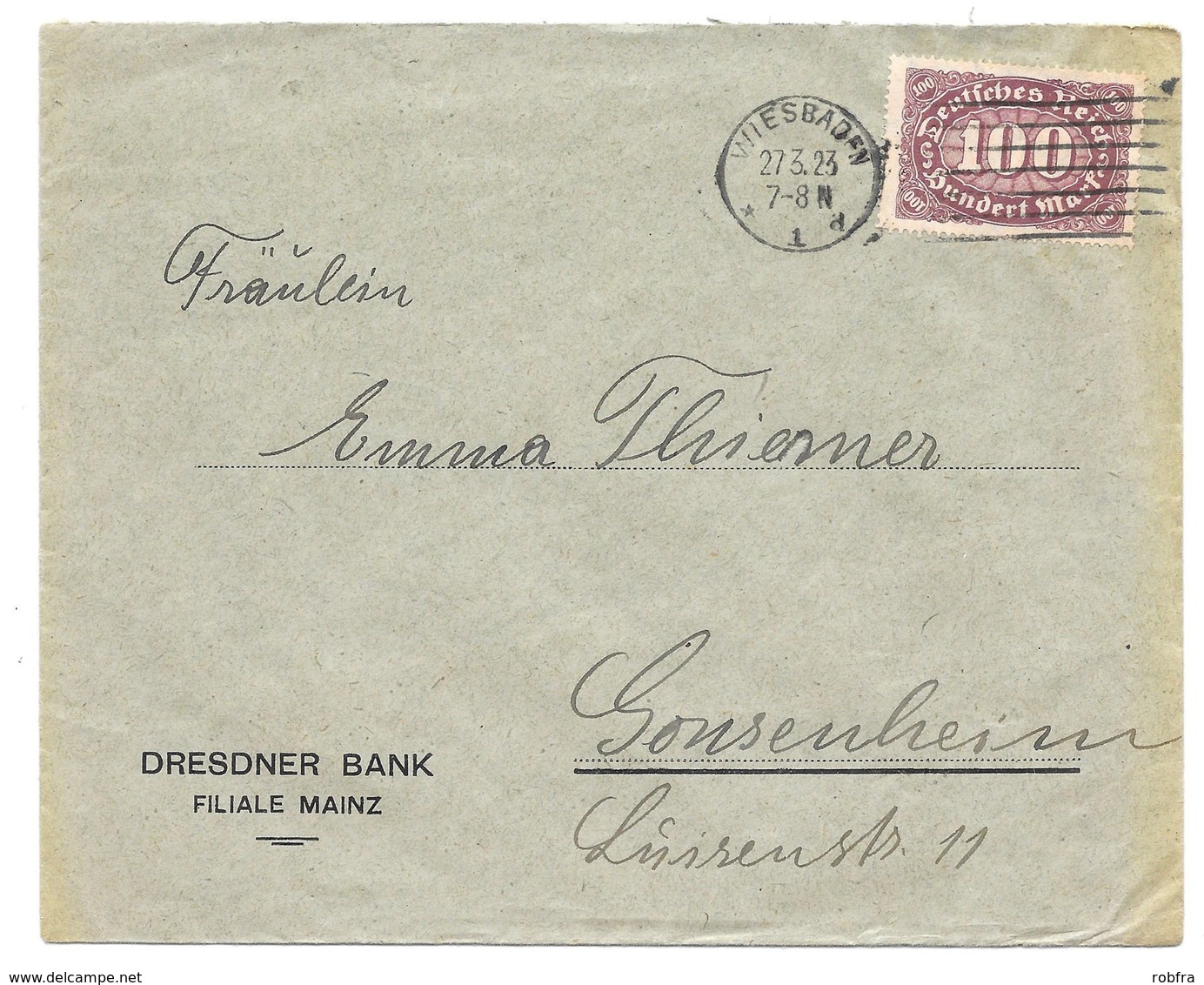 Wiesbaden- Deutsches Reich - Lettre -  "Dresdner Bank Filiale Mainz" Vers Gonsenheim, Mi. 208, 1923 - Lettres & Documents