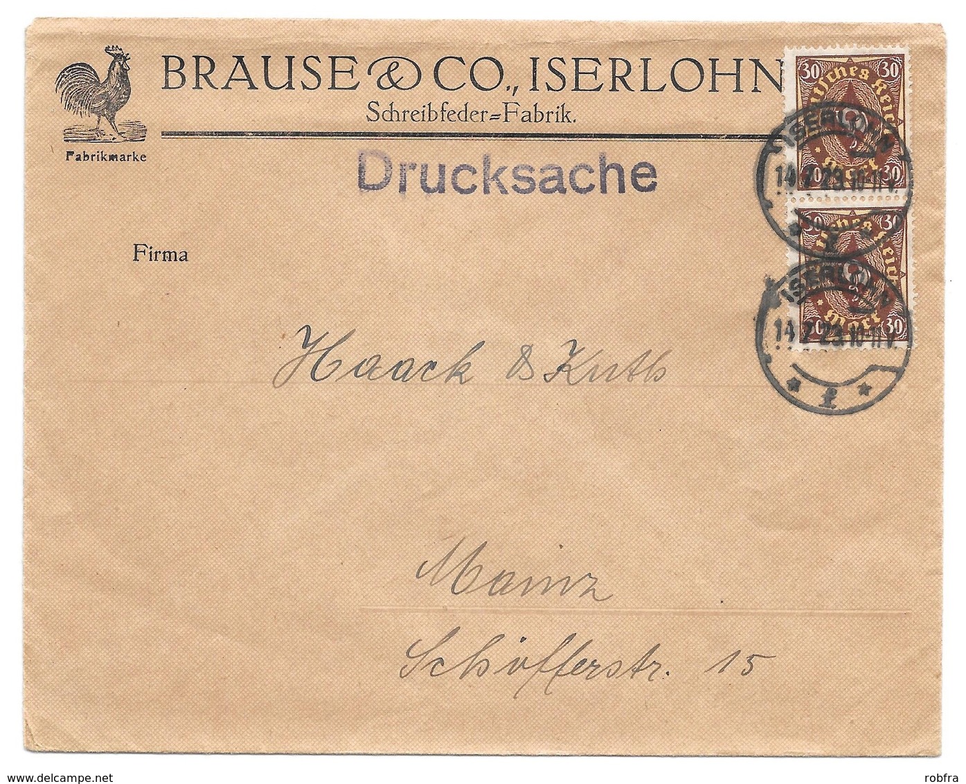 Iserlohn - Deutsches Reich - Lettre -  "Brause & Co. Iserloh - Schreibfeder-Fabrik" Vers Mainz, Mi. 208, 1923 - Lettres & Documents