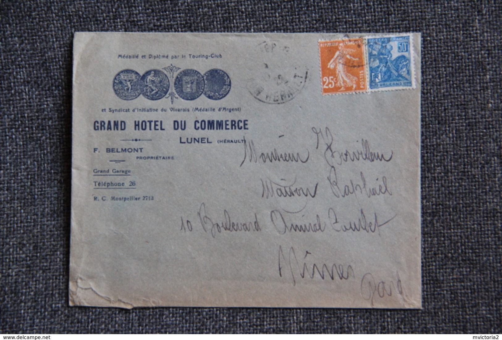 Timbre Sur Lettre Publicitaire - LUNEL, Grand Hotel Du Commerce ,F.BELMONT . - Sports & Tourism