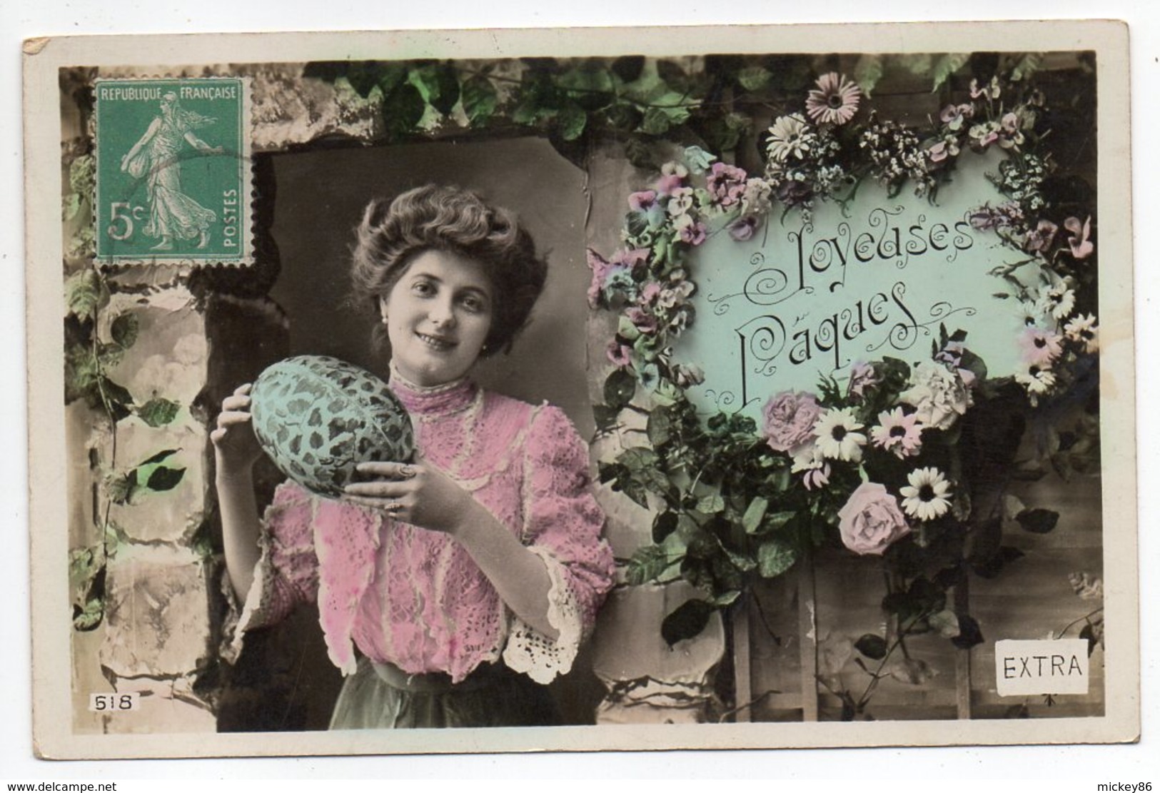 Joyeuses Pâques --1914-- Femme ,fleurs Et Gros Oeuf - Pâques