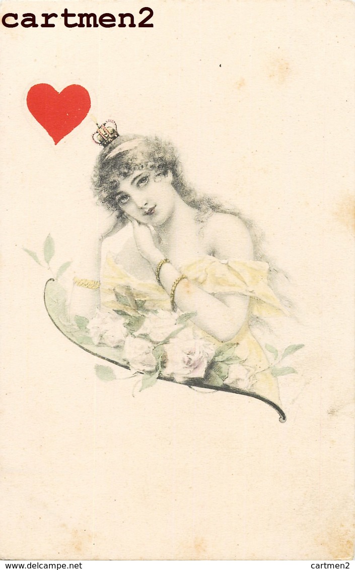 BELLE SERIE DE 4 CPA 1900 : ILLUSTRATEUR " LES 4 COULEURS " CARTES A JOUER TREFLE PIQUE COEUR CARREAU FEMME VIENNOISE - Speelkaarten