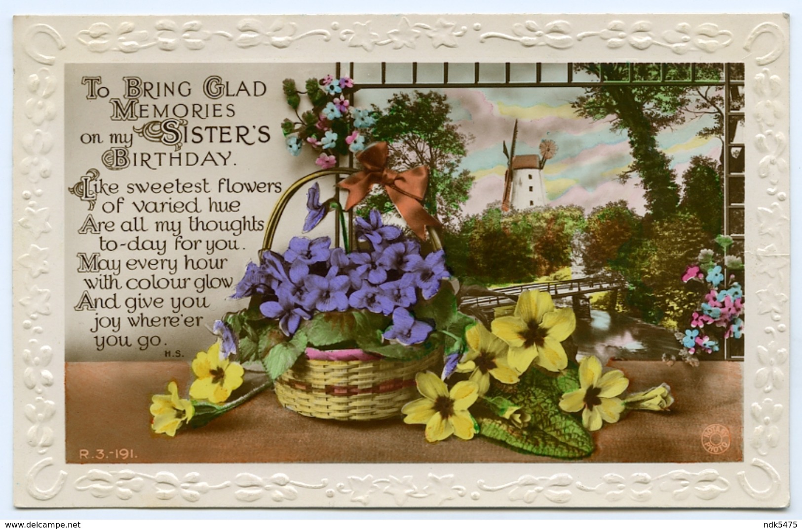 TO BRING GLAD MEMORIES ON MY SISTER'S BIRTHDAY : WINDMILL, WICKER BASKET OF FLOWERS (EMBOSSED) - Birthday