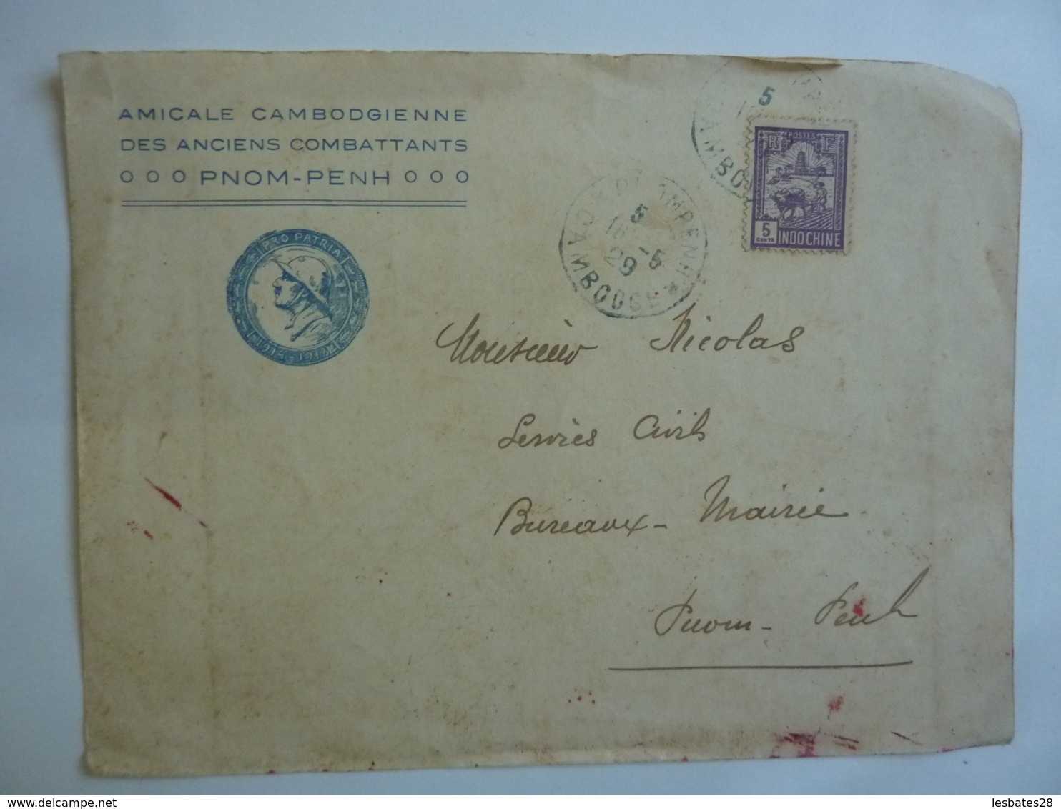 CAMBODGE Amicale Cambodgienne  Enciens Combattants Cachet PRO PATRIA  1914 1918 Timbre Indochine  MAR 2019  03 - Lettres & Documents