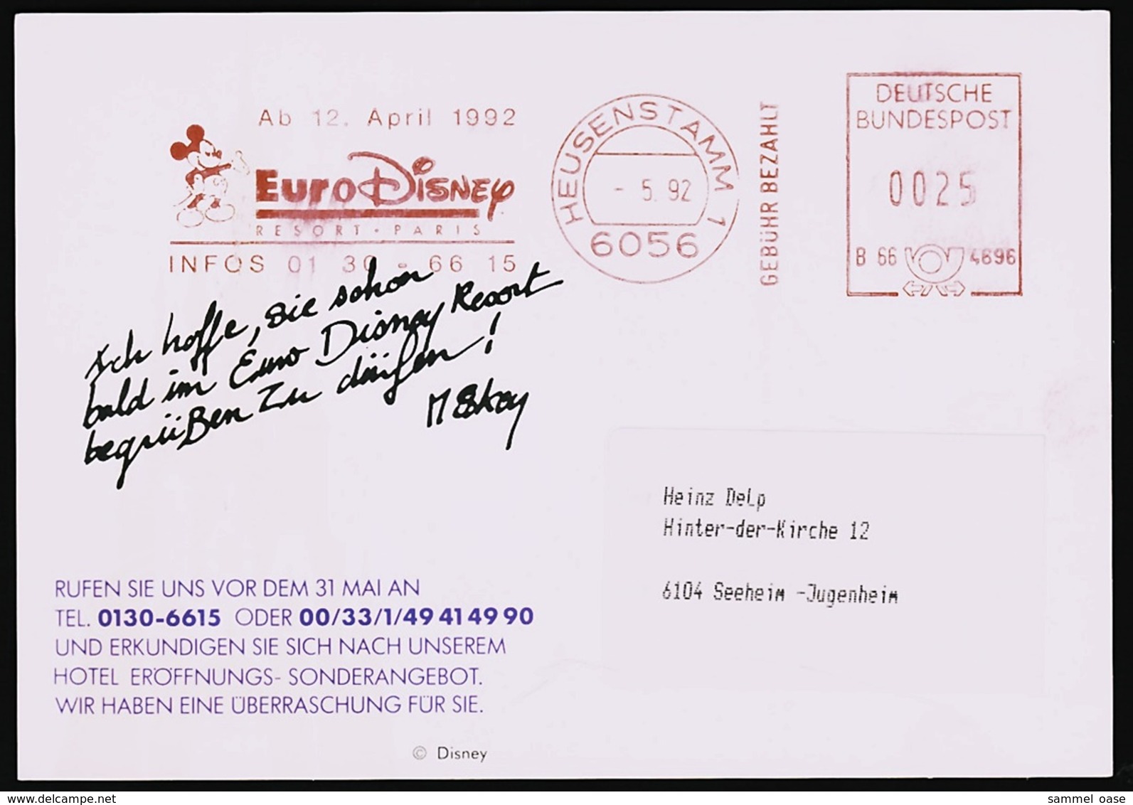 Euro Disney Paris  -  Disneyland / EuroDisney  -  Eröffnungs-Ansichtskarte 1992    (10183) - Disneyland