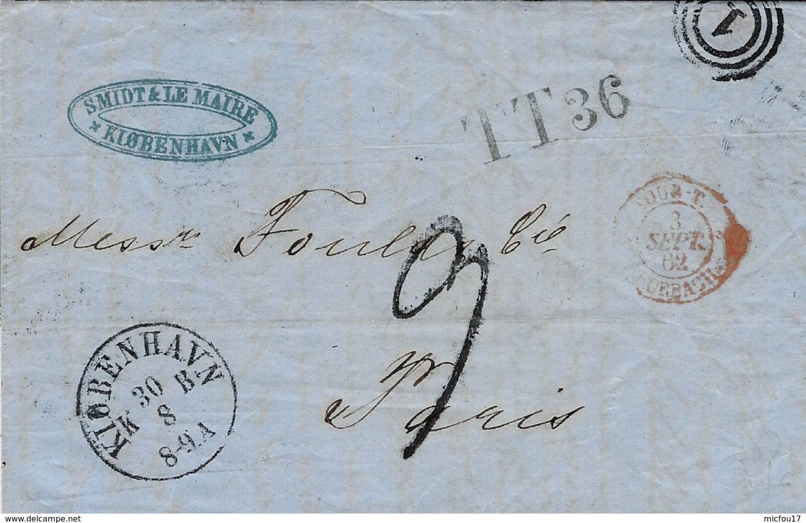 1862- Lettre De KIOBENHAVN En Port Du Par Hamburg - T T 36  + Taxe 9 D  Pour La France - Brieven En Documenten