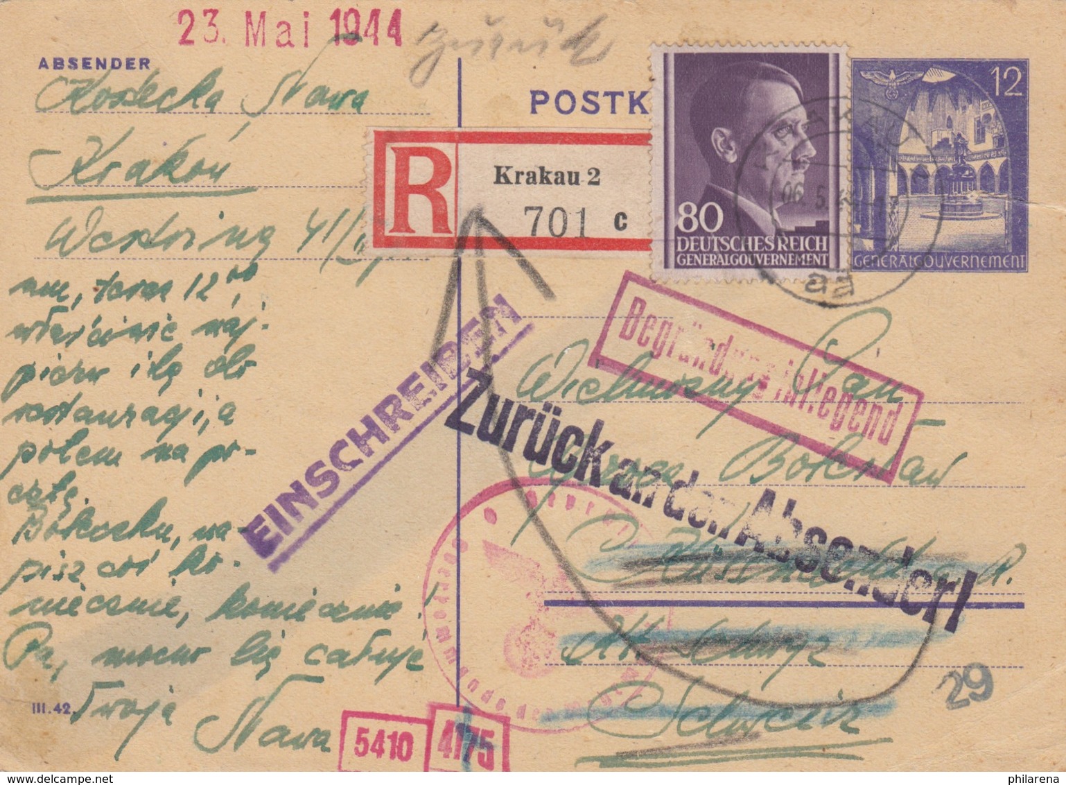 GG Schweiz: Einschreiben Krakau, Zurück An Absender - Zensurstelle, Riß - Occupation 1938-45