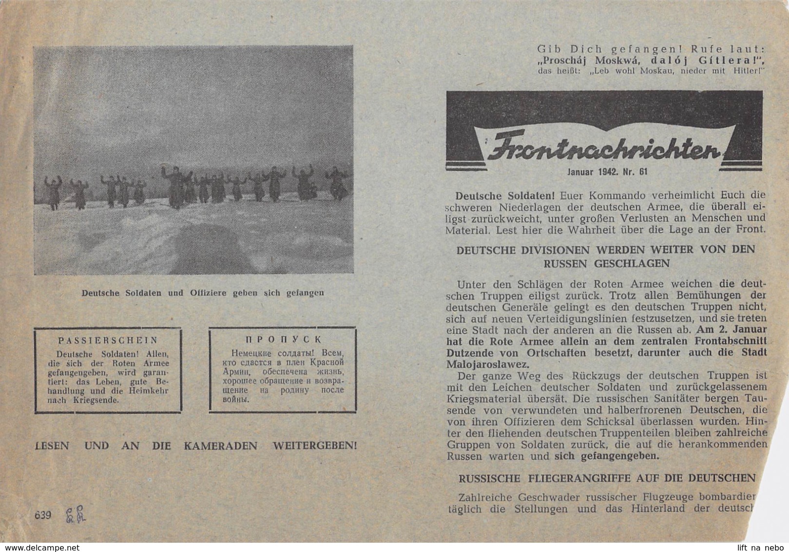 WWII WW2 Leaflet Flugblatt Tract Soviet Propaganda Against Germany "Frontnachrichten" Januar 1942 Nr. 61  CODE  639 - 1939-45