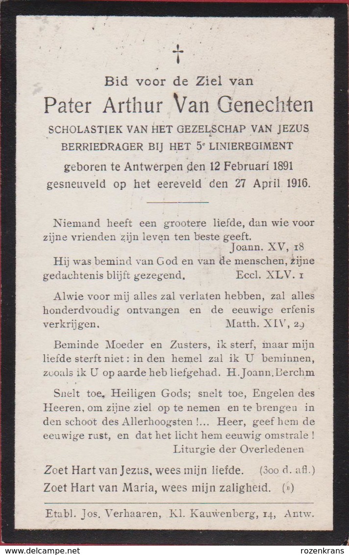 Doodsprentje Gesneuvelde Pater Jezuiet Arthur Van Genechten Berriedrager 5de Linie Antwerpen 1916 WWI WW1 Victim War - Guerre 1914-18
