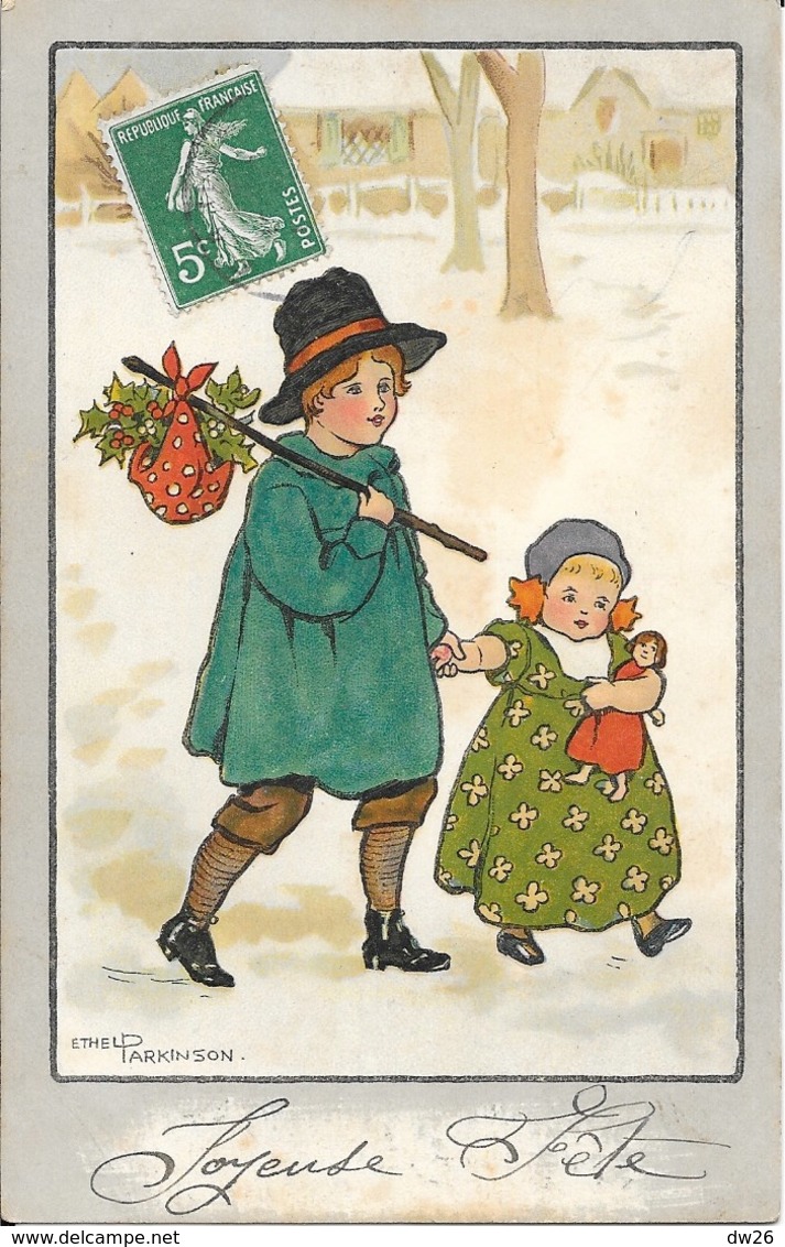 Illustration Ethel Parkinson: Couple De Jeunes Enfants Dans La Neige (avec Houx) - Carte M.M. Vienne N° 311 - Parkinson, Ethel