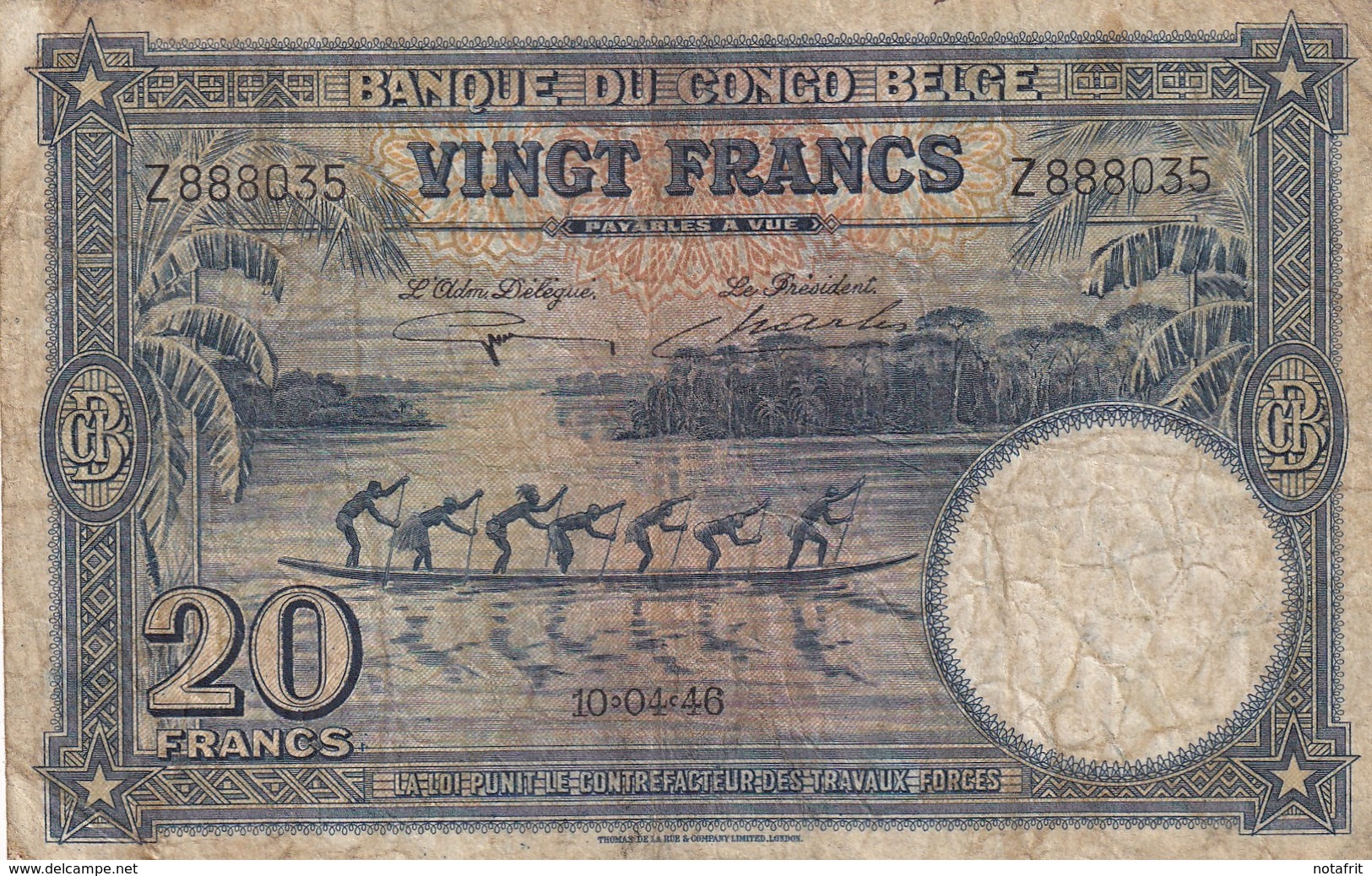 Belgian Congo Kongo 20 Fr 1946 VF+ - Sin Clasificación