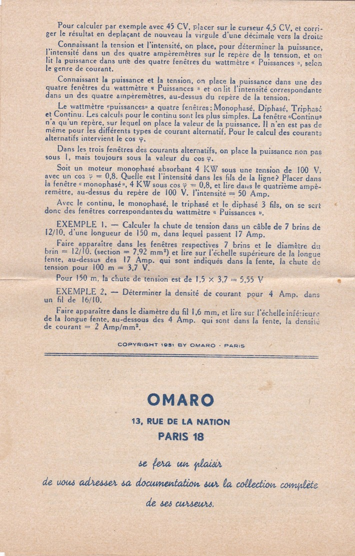 CURSEUR OMARO E . 2.,electricitée et autres ,, AVEC SA NOTICE