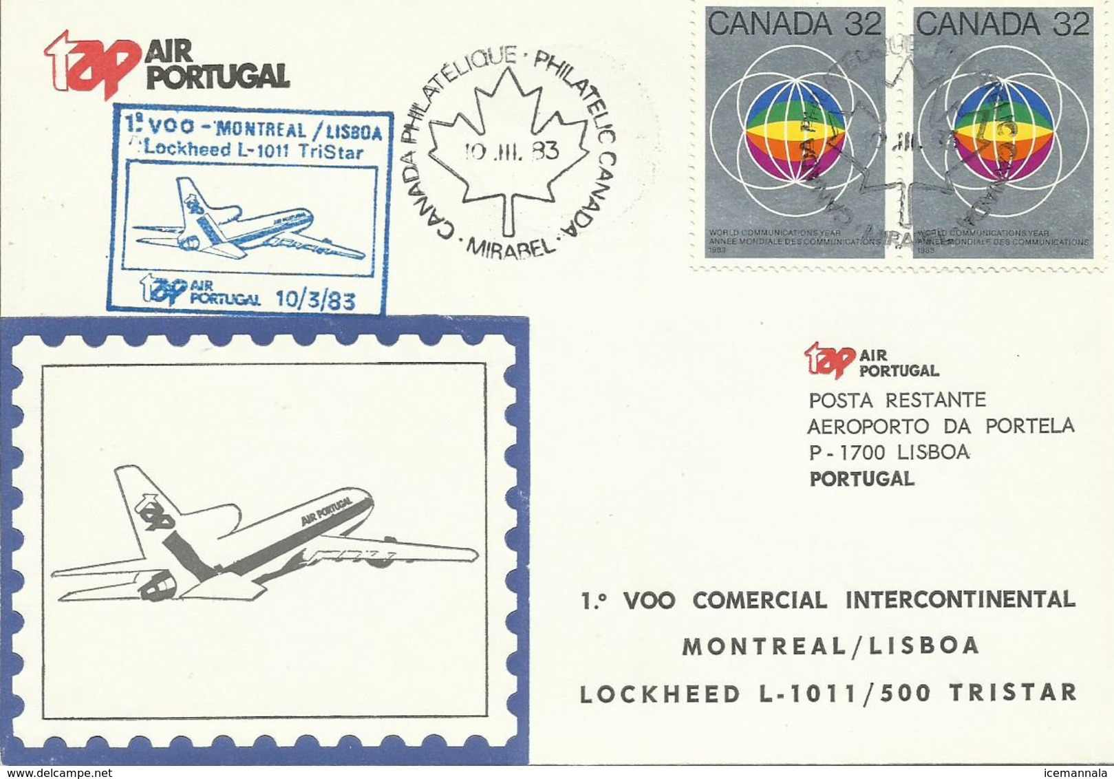 CANADA, SOBRE PRIMER VUELO MONTREAL/LISBOA - Cartas & Documentos