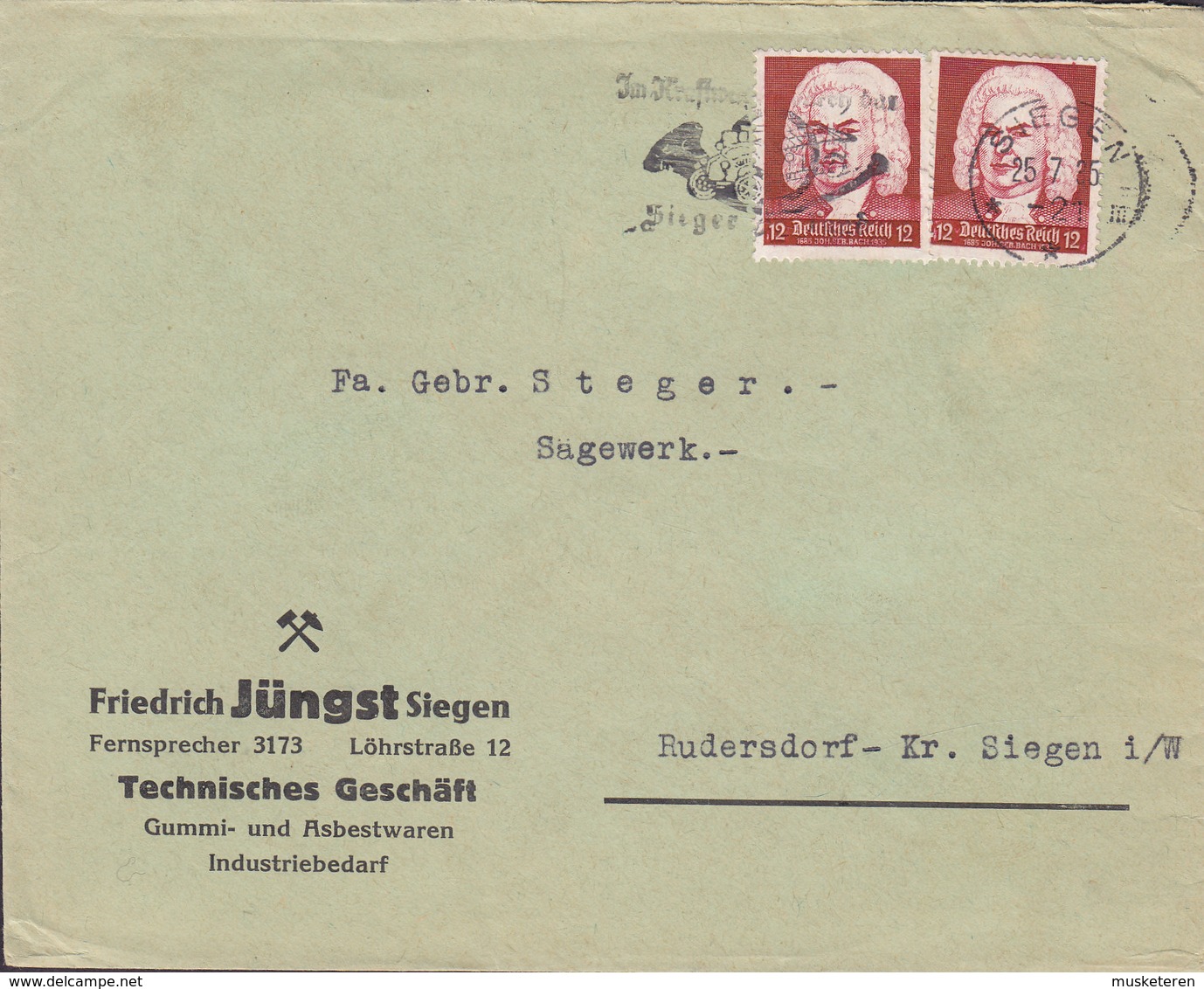 Deutsches Reich FRIEDRICH JÜNGST Gummi- Und Asbestwaren Slogan SIEGEN 1935 Cover Brief 2x Johann Sebastian Bach - Briefe U. Dokumente