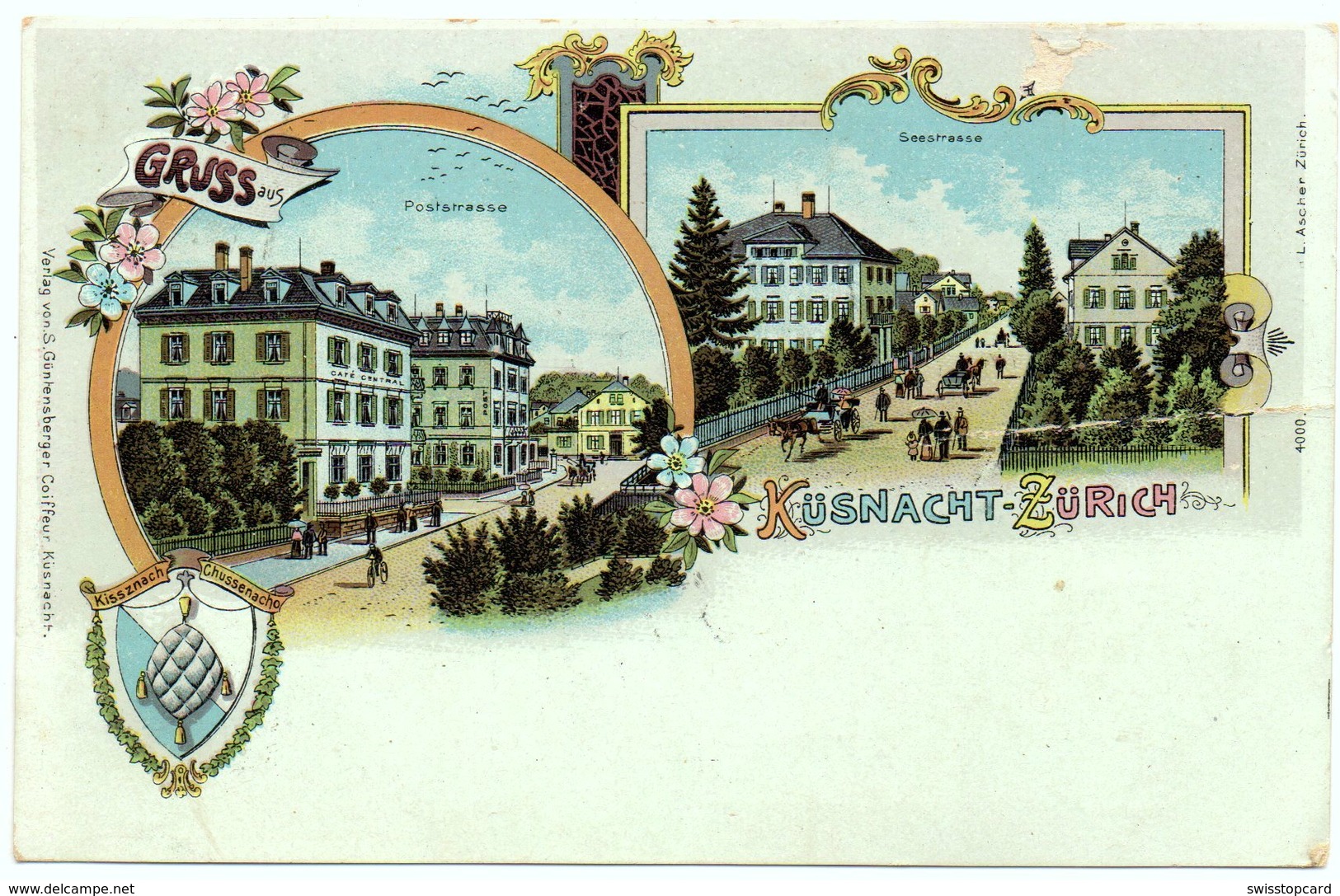 LITHO Gruss Aus KÜSNACHT Poststrasse Seestrasse Gel. 1901 V. Erlenbach N. Esslingen - Erlenbach