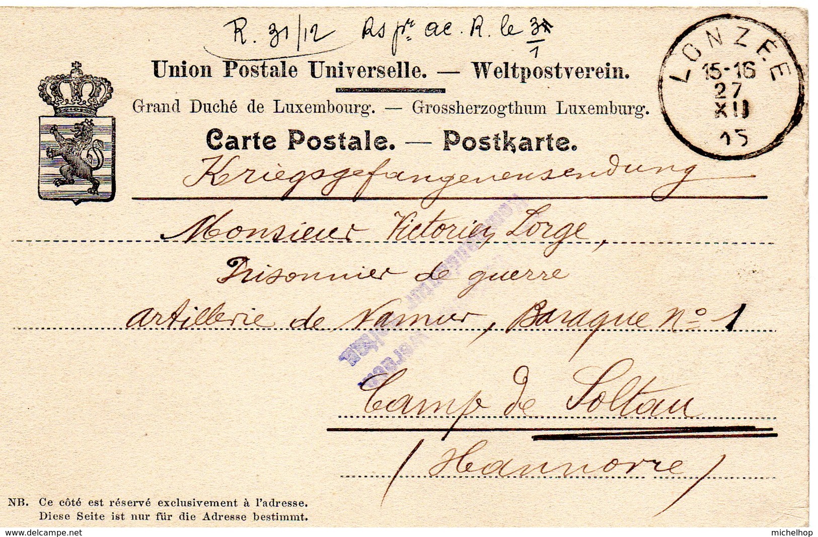 CV Expédiée De LONZEE (27-XII-1915) Vers Un Prisonnier Du Camp De SOLTAU - Prisoners