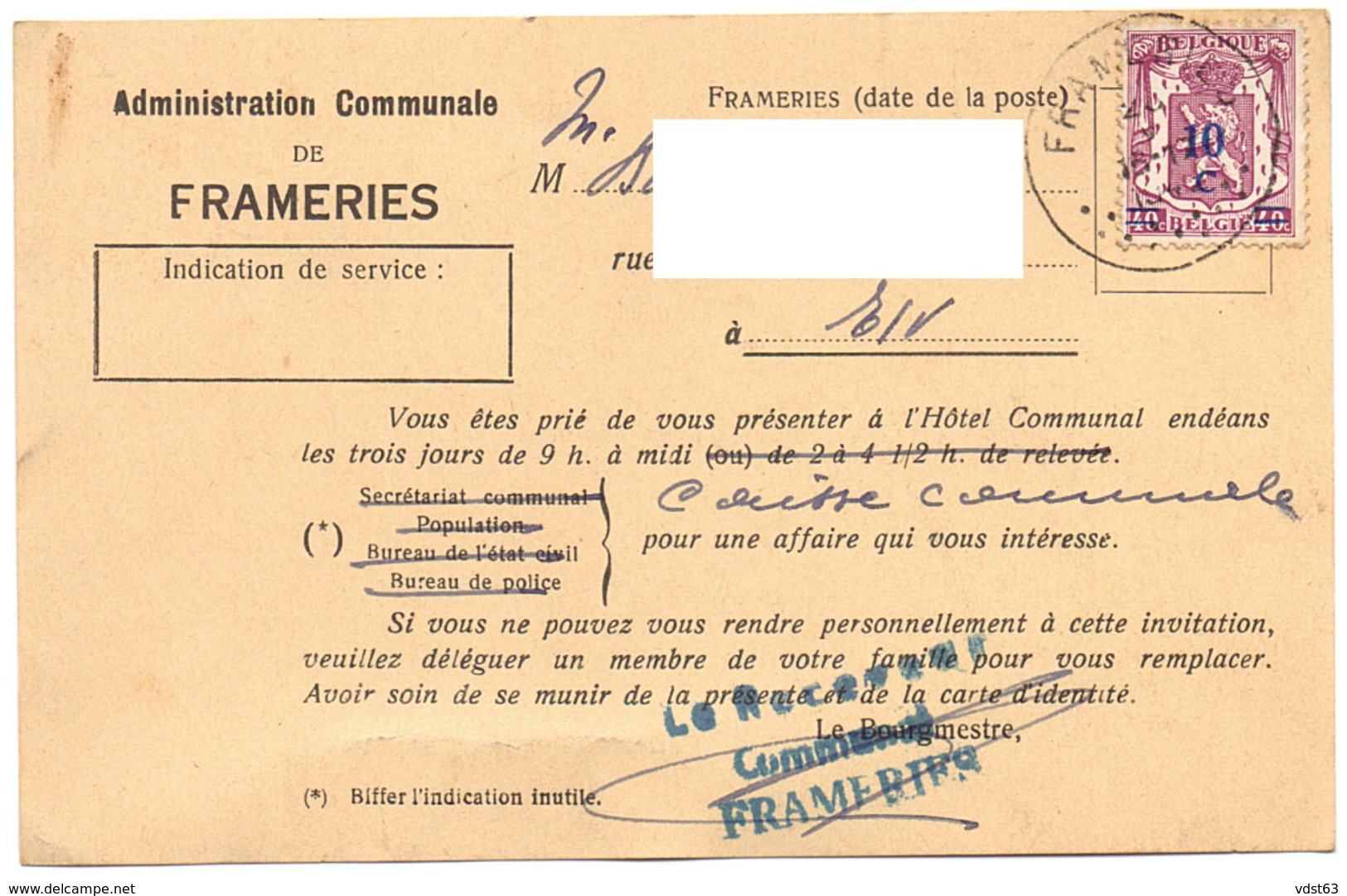 FRAMERIES 1942 Carte Lettre Courrier Convocation Caisse Administration Communale - Cachet Receveur Communal - Frameries