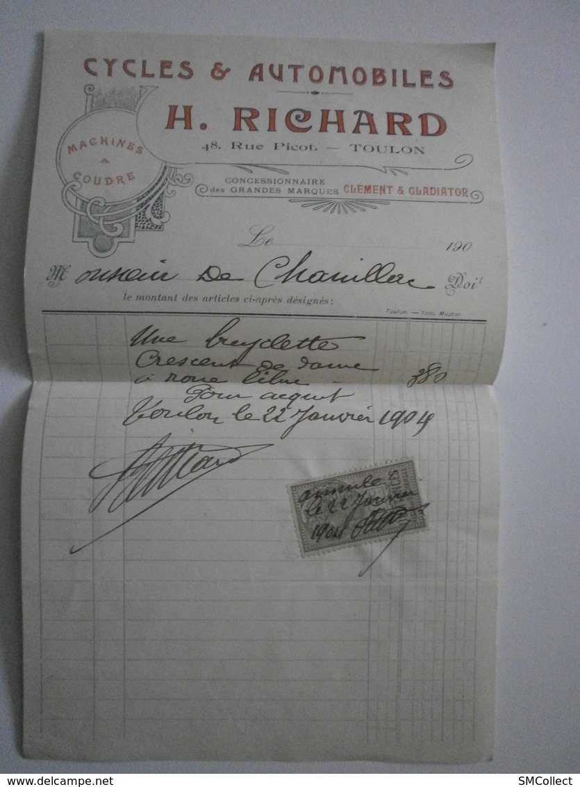 83 Toulon. Cycles & Automobiles H. Richard, Facture Du 22 Juillet 1904 - Agriculture