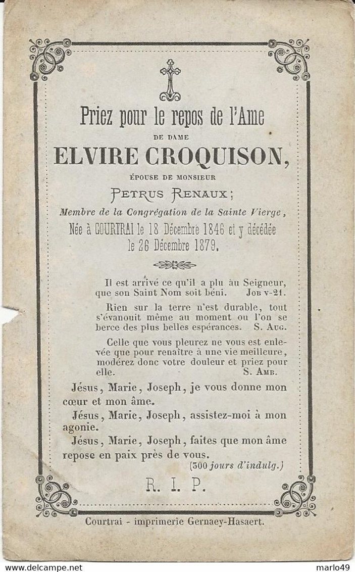 DP. ELVIRE CROQUISON ° COURTRAI 1846 - + 1879 - Godsdienst & Esoterisme