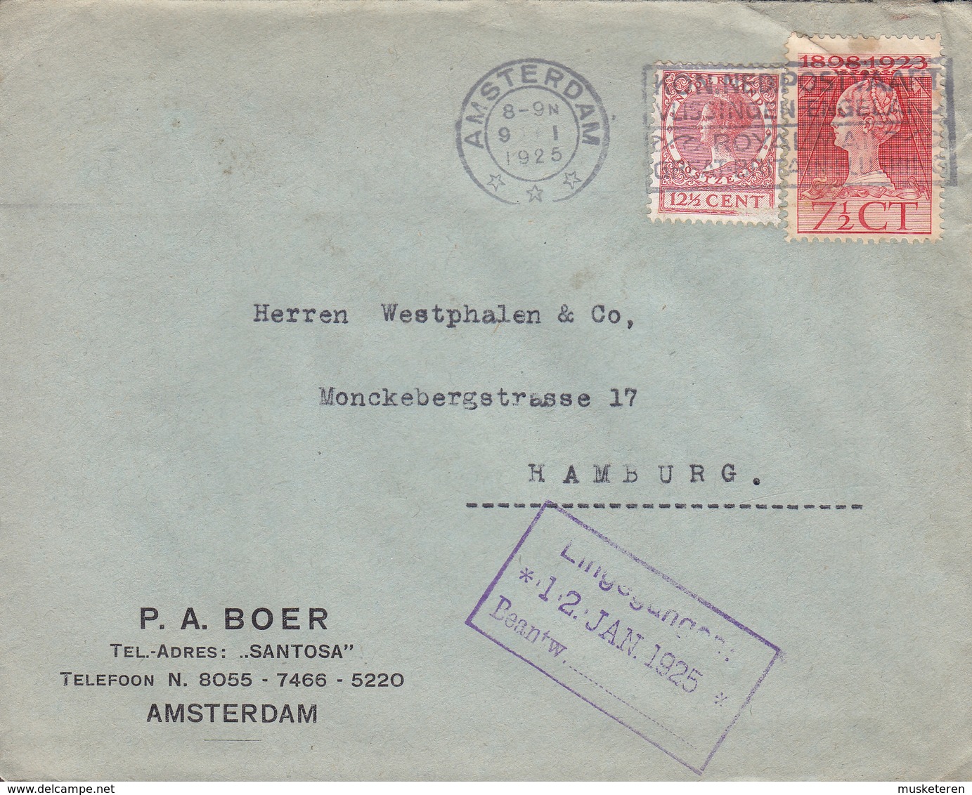 Netherlands P. A. BOER Slogan 'Royal Air Great Britain Flight' AMSTERDAM 1925 Cover Brief HAMBURG Germany 2x Wilhelmina - Briefe U. Dokumente