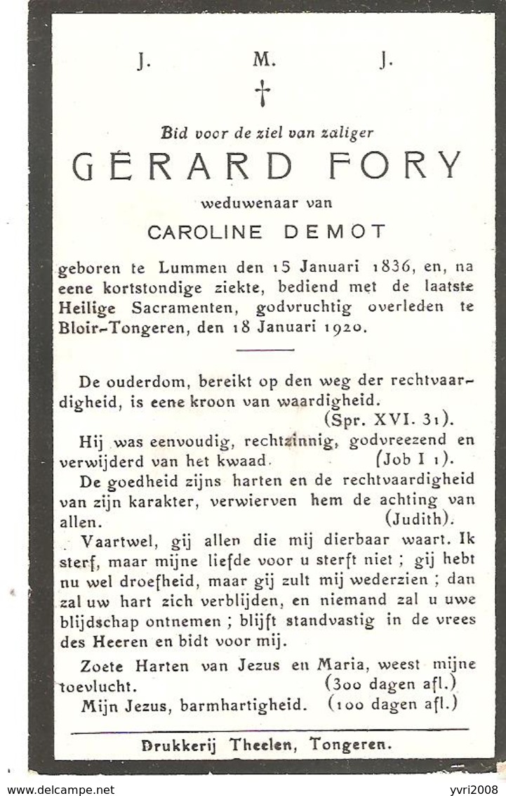 Faire-part Gérard FORY Weduwenaar Van Caroline DEMOT Bloir-Tongeren 18/1/1920 - Décès