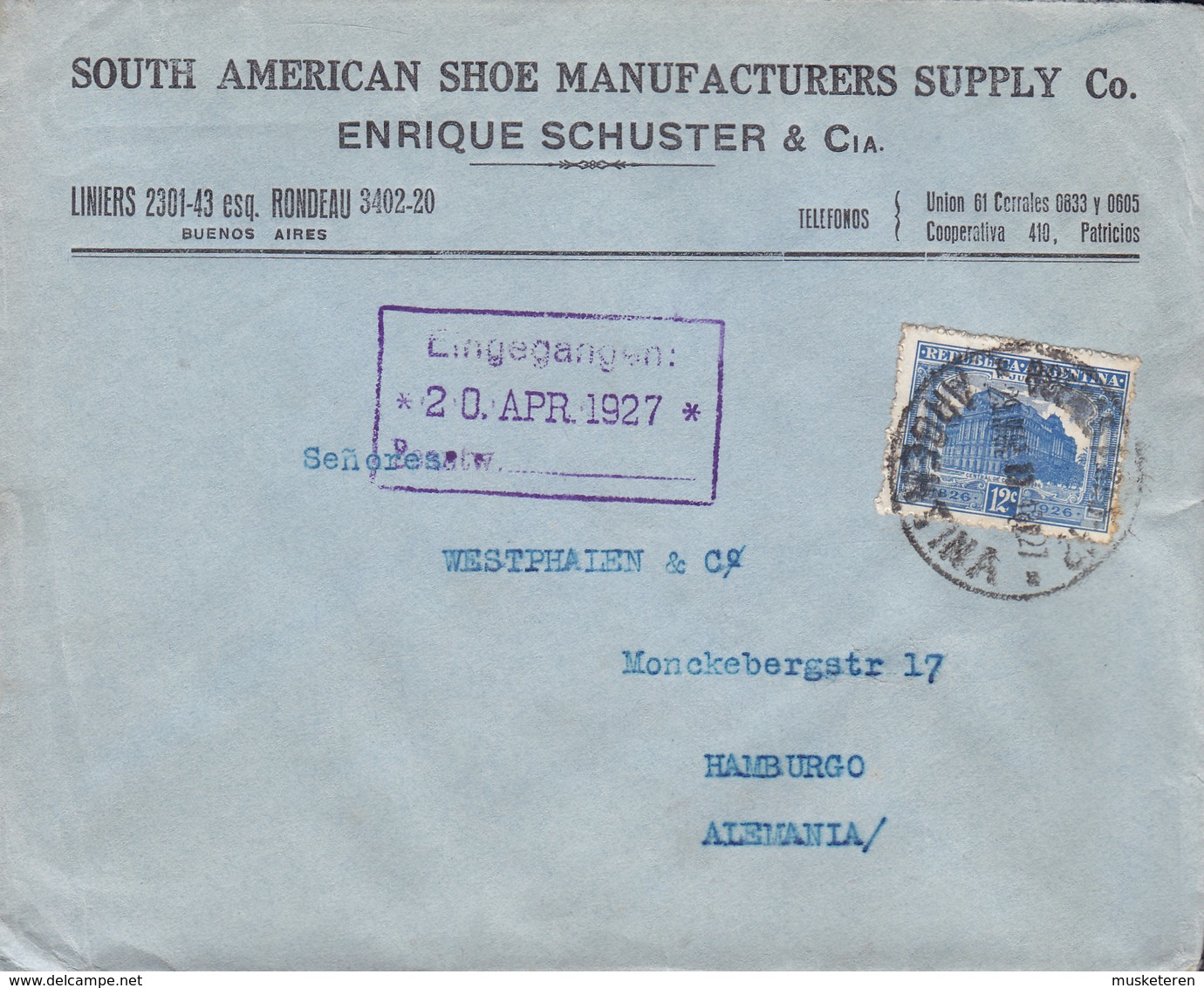 Argentina SOUTH AMERICAN SHOE MANUFACTURERS SUPPLY Co., Enrique Schuster & Cia, BUENOS AIRES 1926 Cover Letra HAMBURG - Cartas & Documentos