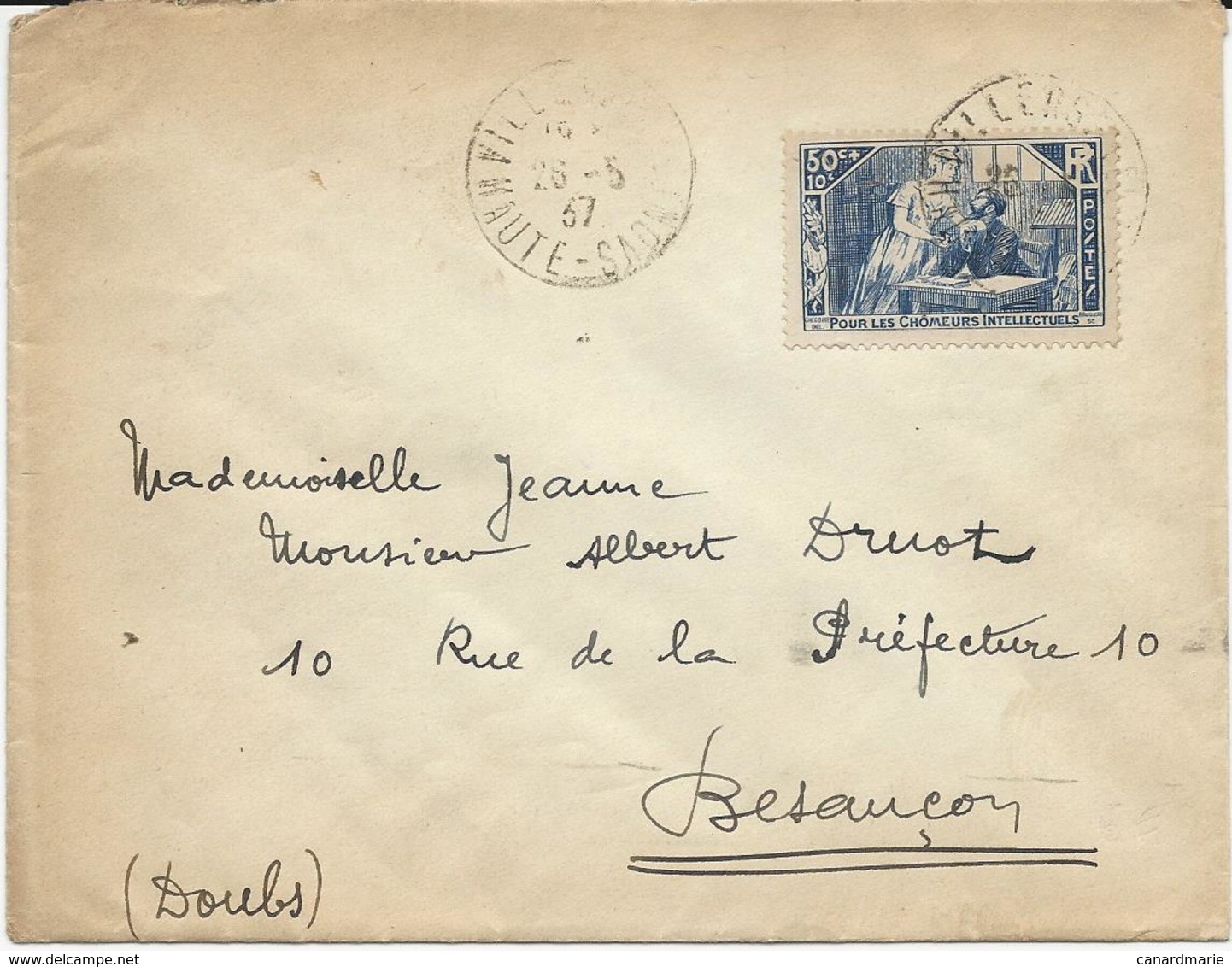 LETTRE 1937  AVEC TIMBRE A SURTAXE 50 CT + 10 CT CHOMEURS INTELLECTUELS - 1921-1960: Moderne