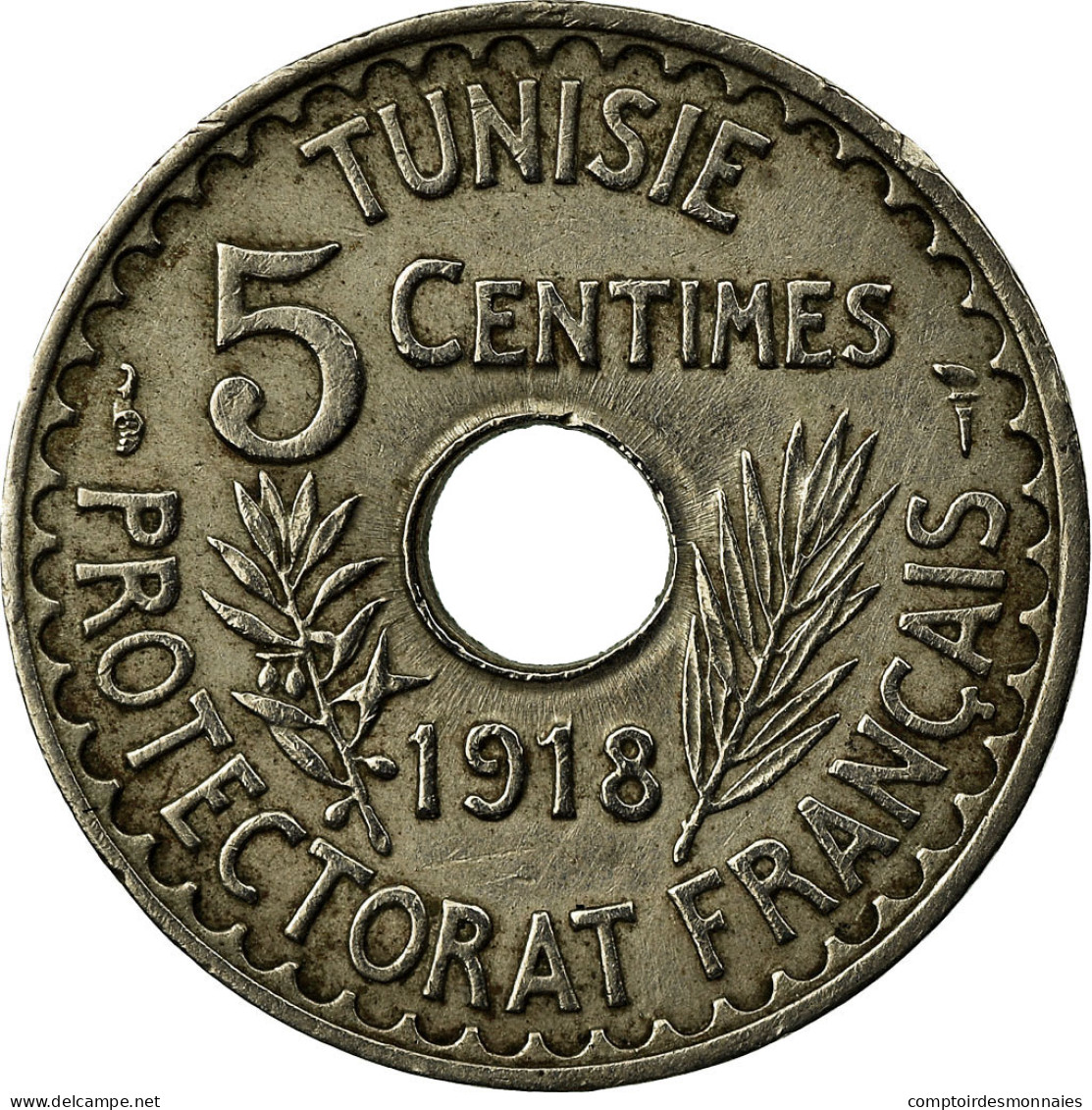 Monnaie, Tunisie, Muhammad Al-Nasir Bey, 5 Centimes, 1918, Paris, TTB+ - Tunisie