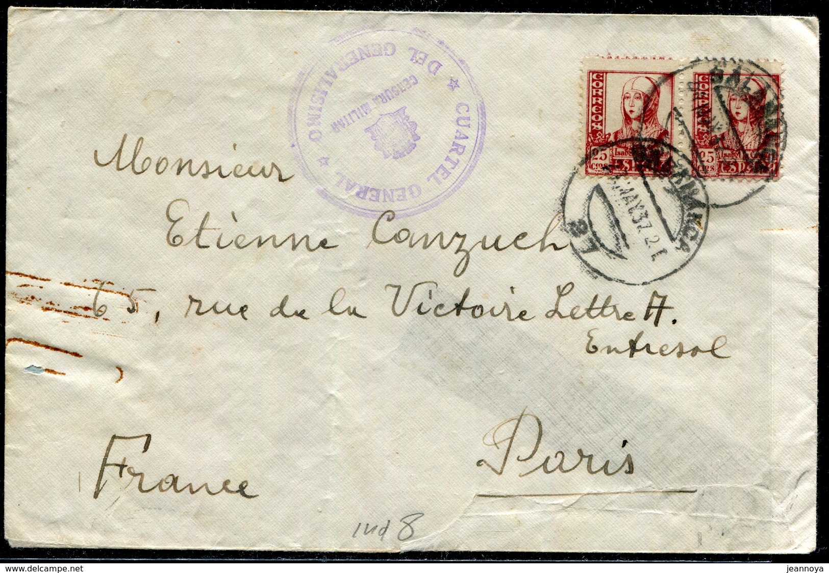 ESPAGNE - N° 582 (2)  / LETTRE DE SALAMANQUE LE 27/5/1937 POUR PARIS AVEC CENSURE - TB - Covers & Documents