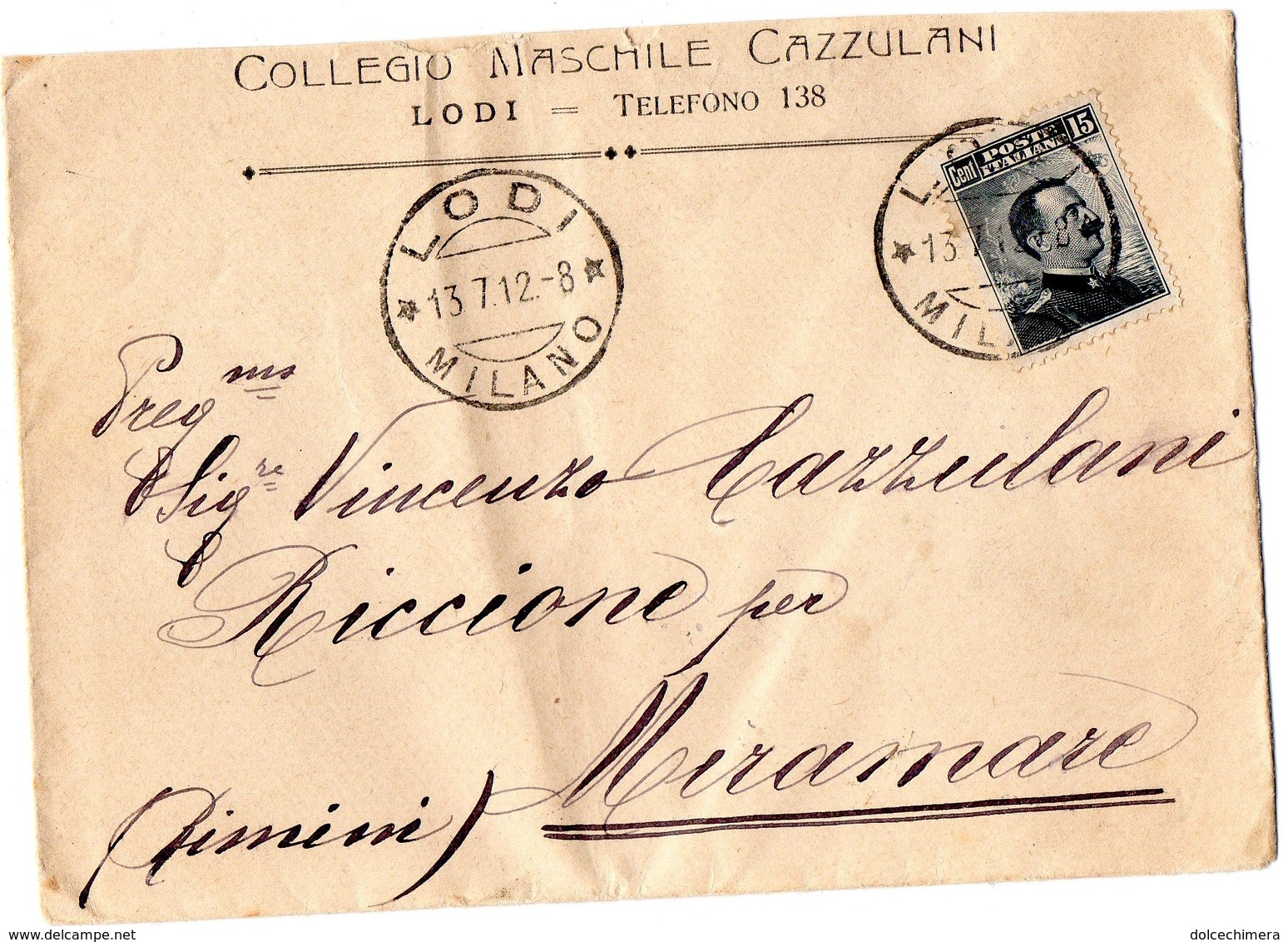 LODI-COLLEGIO CAZZULANI-BUSTA PER VINCENZO CAZZULANI-1912 - Non Classificati