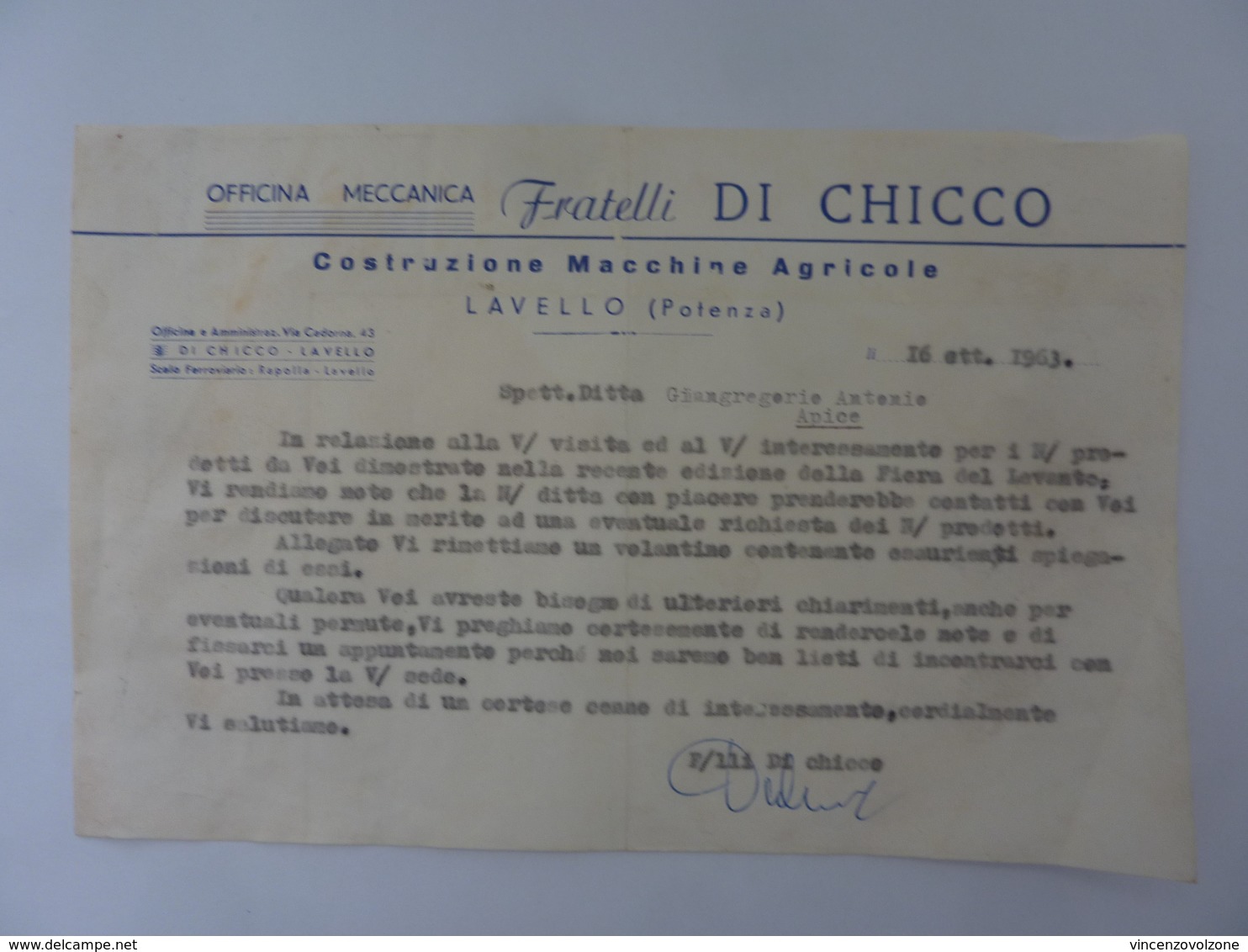 Lettera Commerciale "Officina Meccanica FRATELLI DI CHICCO Costruzioni Macchine Agricole LAVELLO ( Potenza )" 1963 - Italia