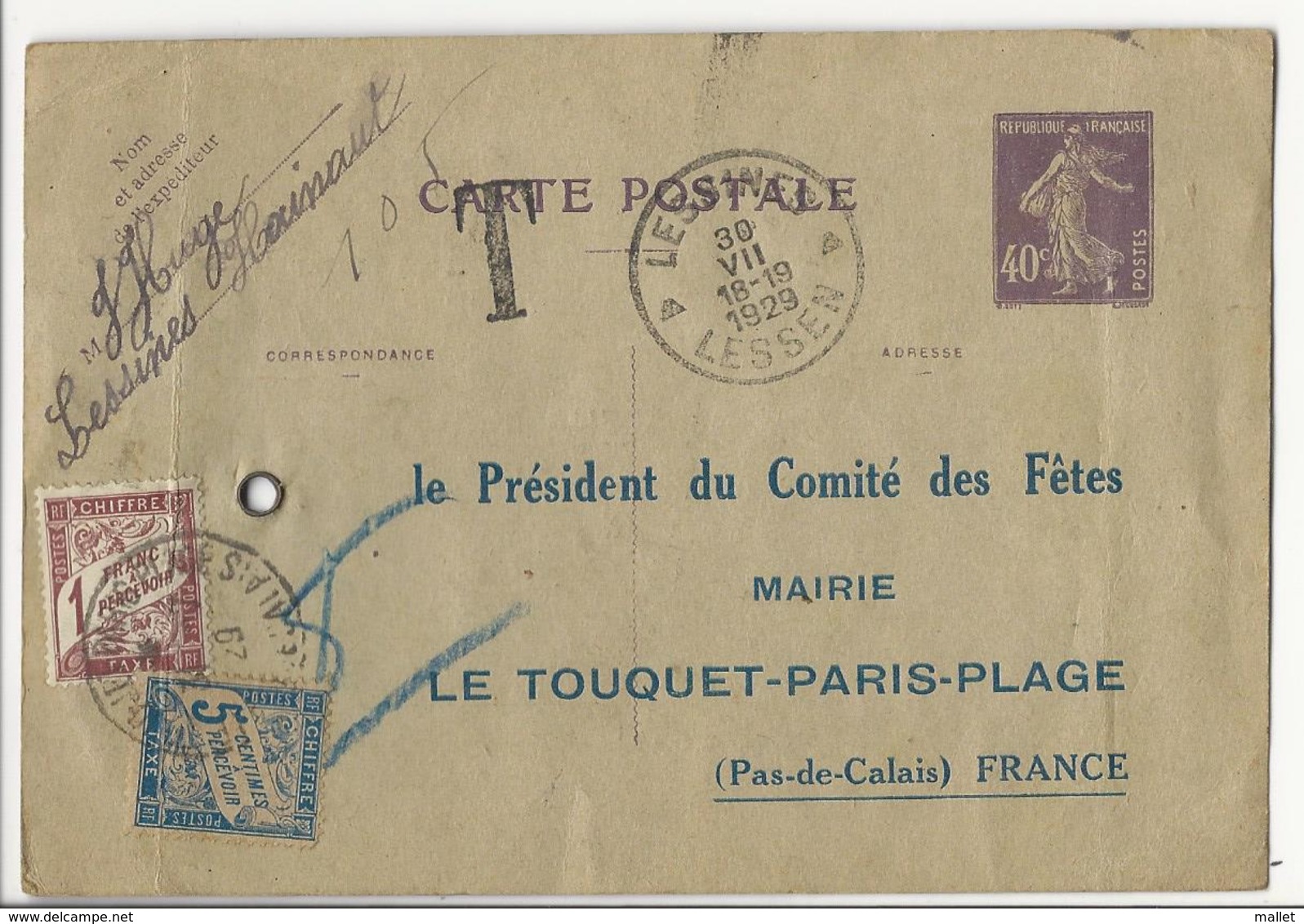 Carte Postale De Lessines (B) Au Comité Des Fêtes Du Touquet - 1929 - Taxée Par N°28 + N°40 - 1859-1959 Lettres & Documents