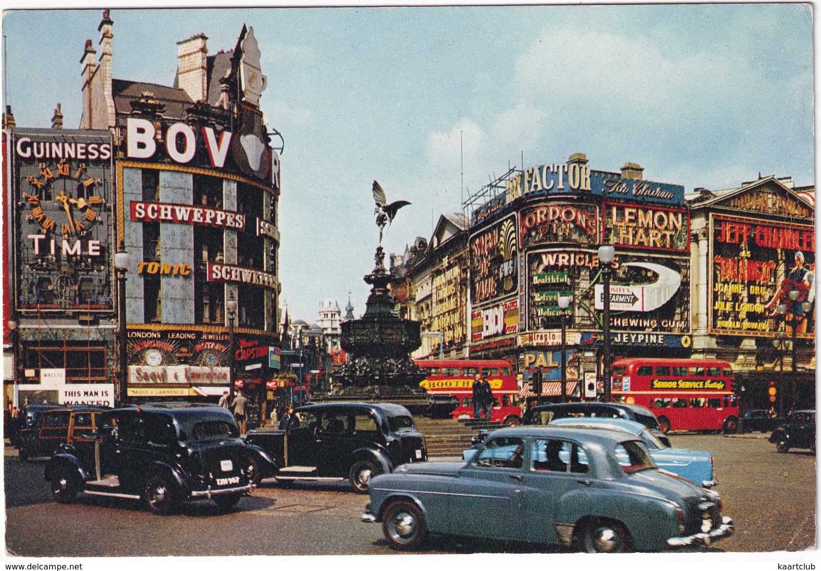 London:  VAUXHALL VELOX '52, FORD ZEPHYR,  AUSTIN FX TAXI'S, DOUBLE DECK BUSES - Piccadilly Circus - Toerisme