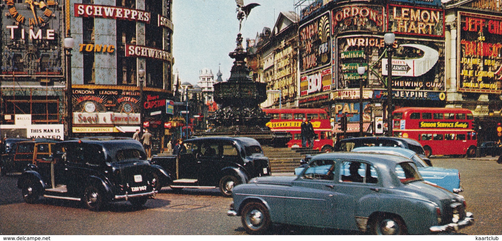 London:  VAUXHALL VELOX '52, FORD ZEPHYR,  AUSTIN FX TAXI'S, DOUBLE DECK BUSES - Piccadilly Circus - Toerisme