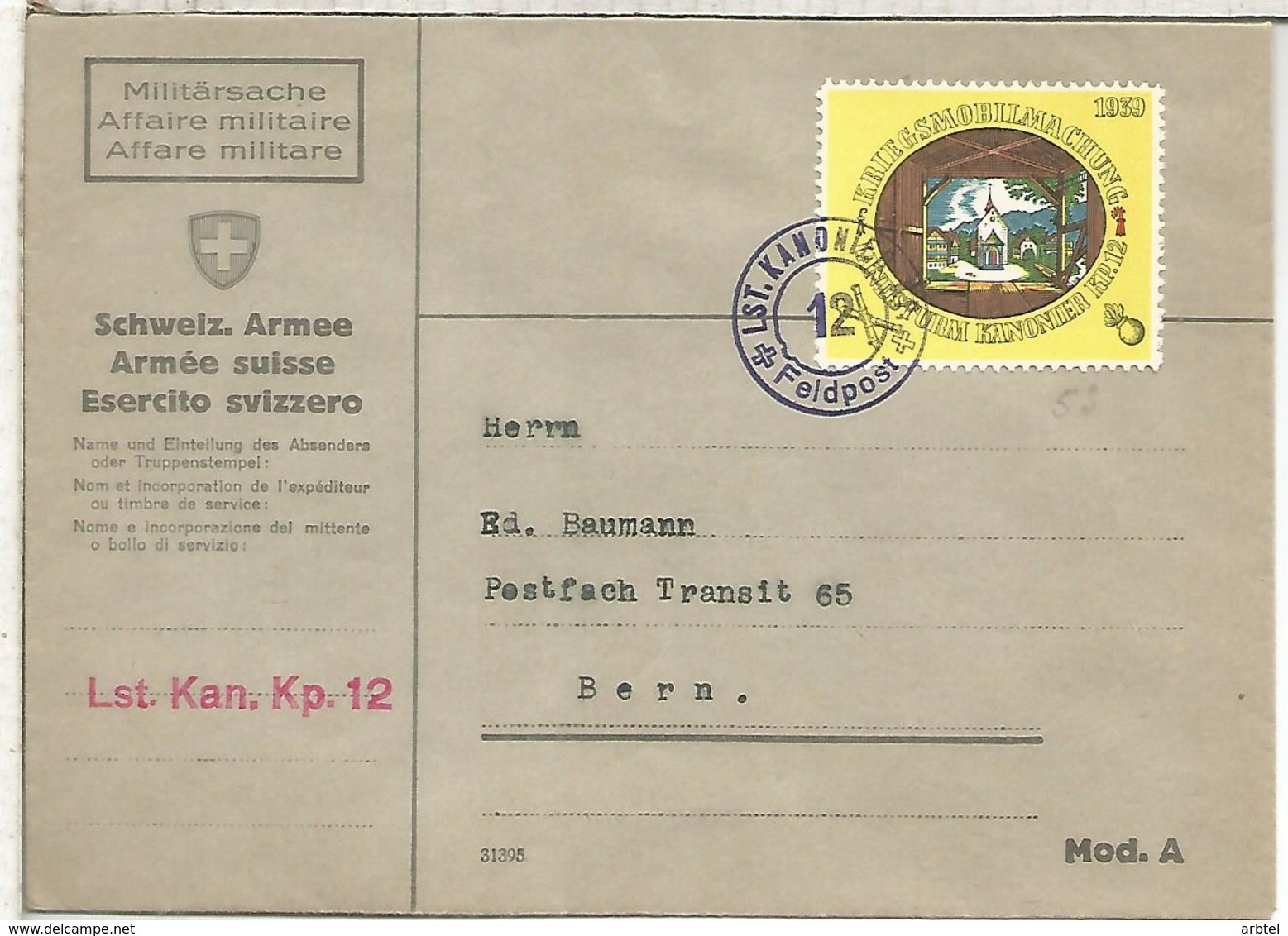 SUIZA CORREO MILITAR FELDPOST LST KAN KP 12 CANON MILITAR - Cartas & Documentos