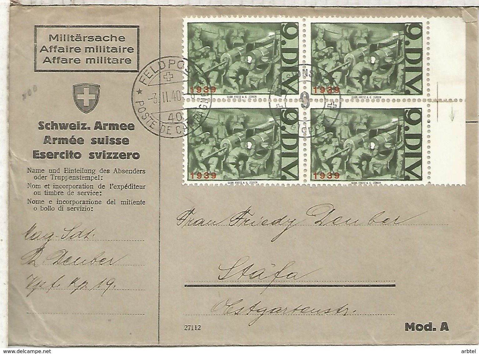 SUIZA CORREO MILITAR FELDPOST 9 DIV  CAÑON CANON - Cartas & Documentos