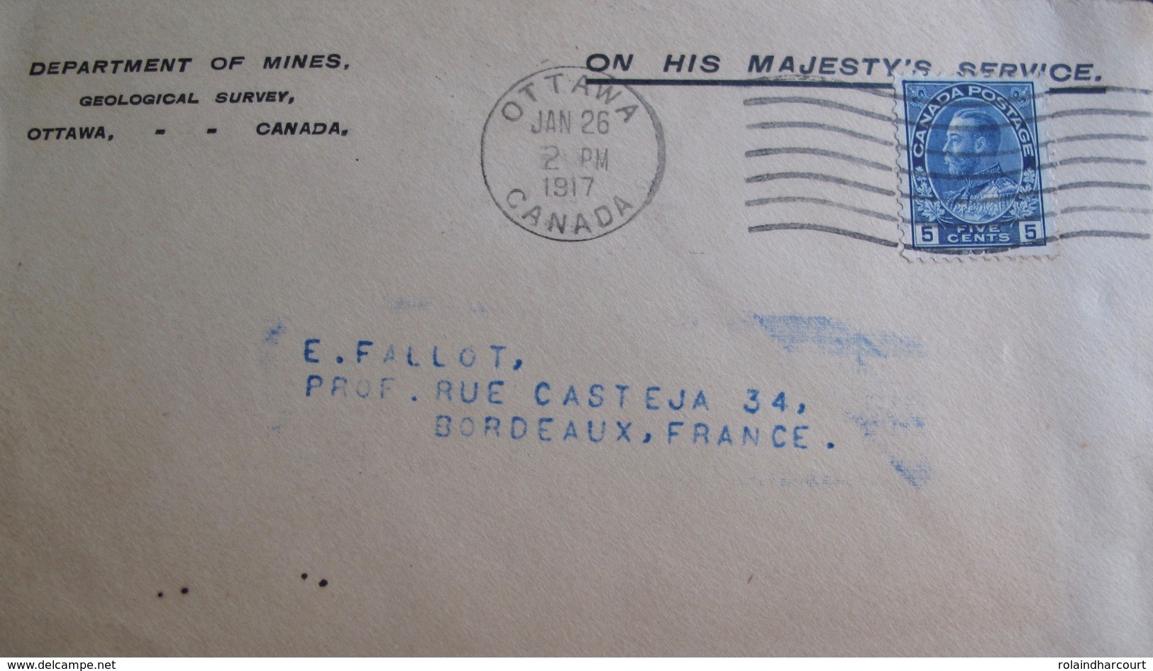 R1606/177 - ✉️ 1917 - George V - N°95a - LETTRE D'OTTAWA (CANADA) à BORDEAUX (FRANCE) - Lettres & Documents