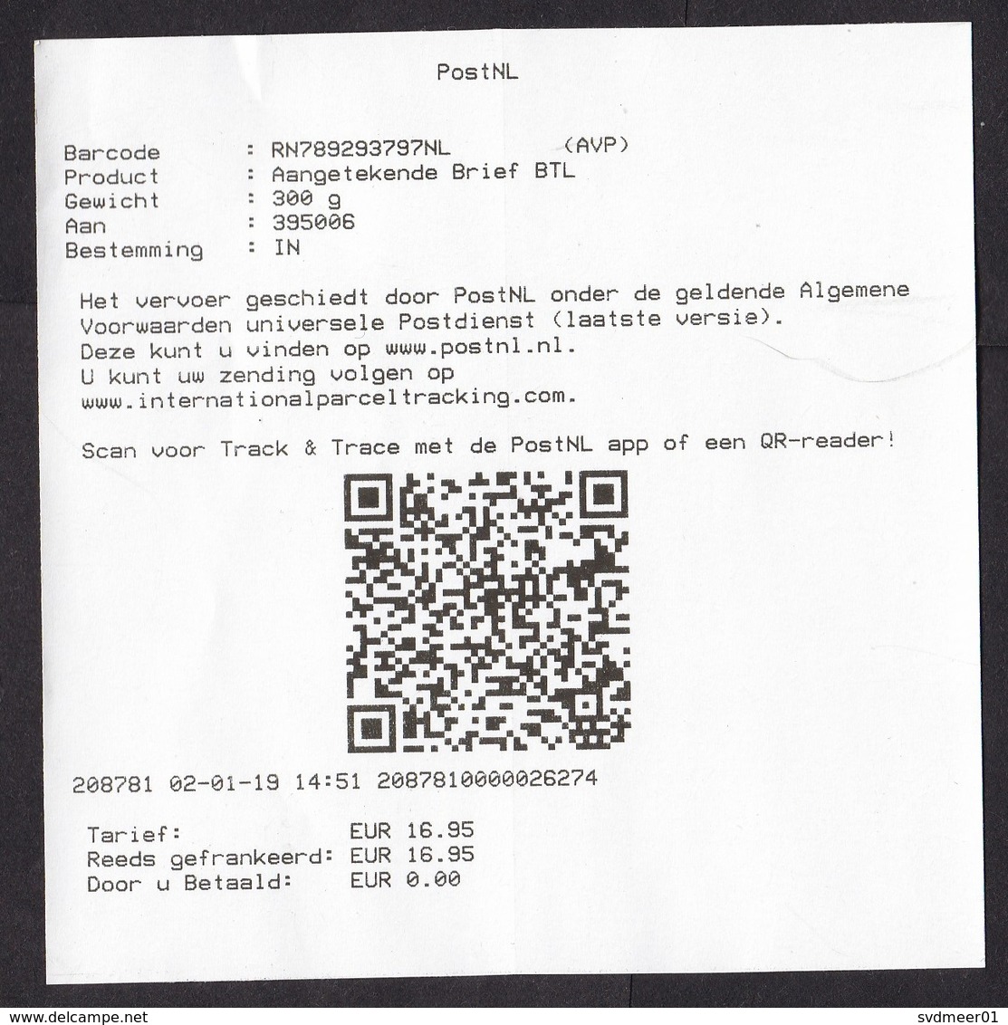 Netherlands: Receipt / Proof Of Posting Of Tracked Parcel To India, 2019 (minor Crease) - Lettres & Documents