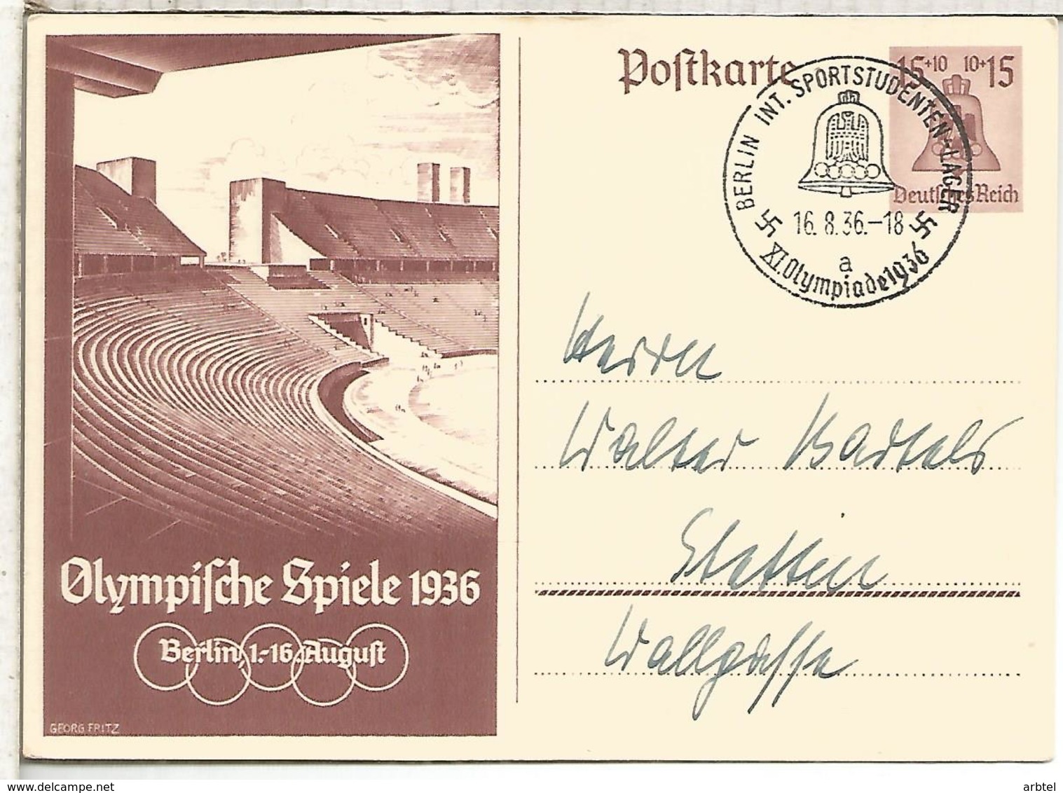 ALEMANIA 1936 ENTERO POSTAL JUEGOS OLIMPICOS DE BERLIN MAT INT SPORTSTUDENTEN LAGER - Verano 1936: Berlin